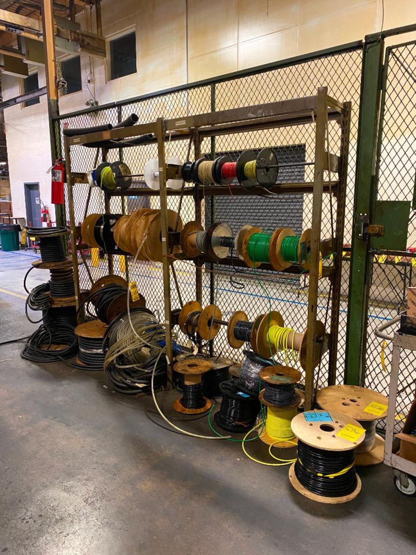 (2) Racks w/ Spools of Wire, Tubing, Rope, Ball Chain, Assorted Machine Spares, Spools of Wire & Cha