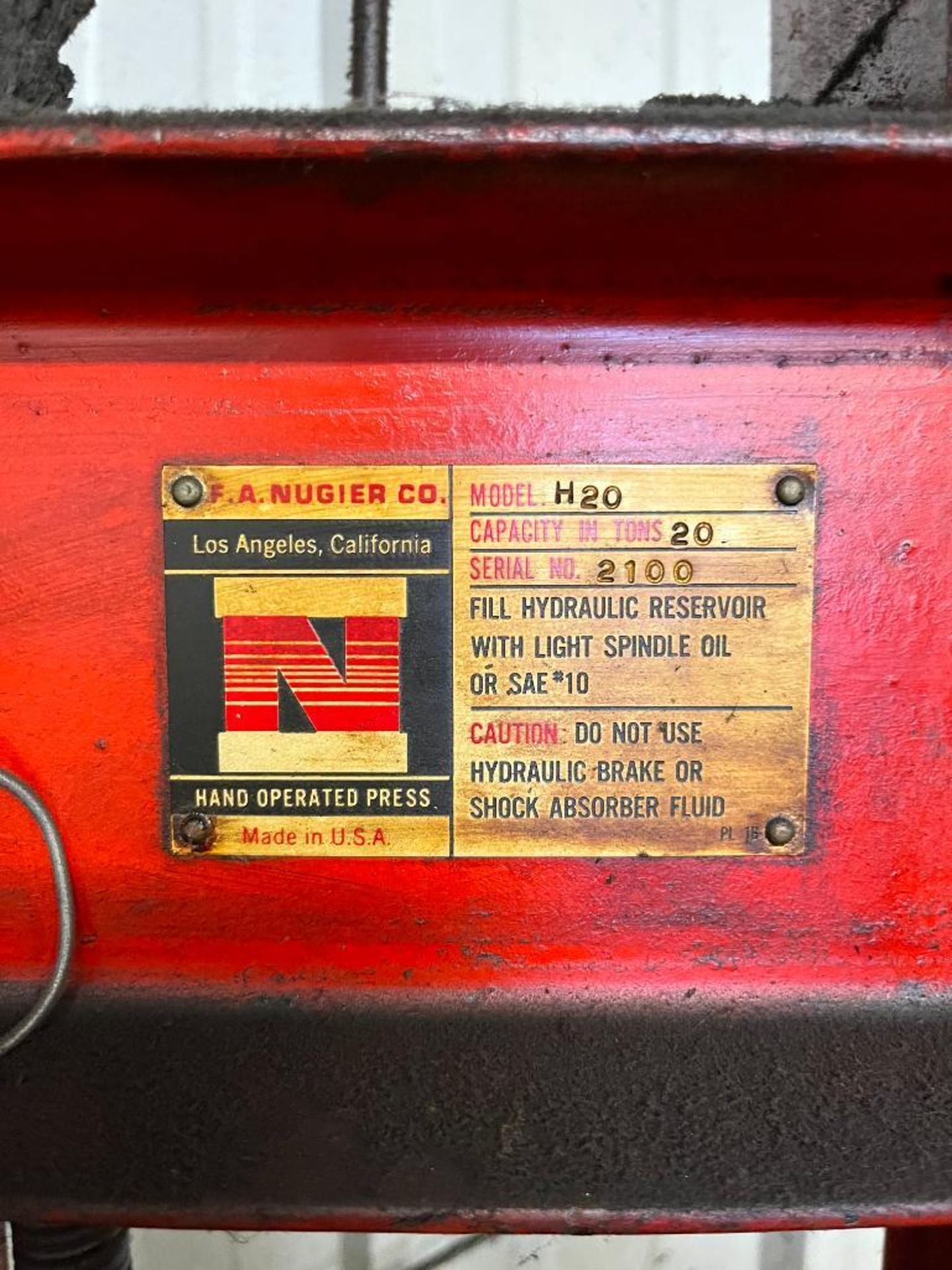 Nugier h-frame shop press, 20-ton cap., model h20, s/n 2100 - Image 2 of 2