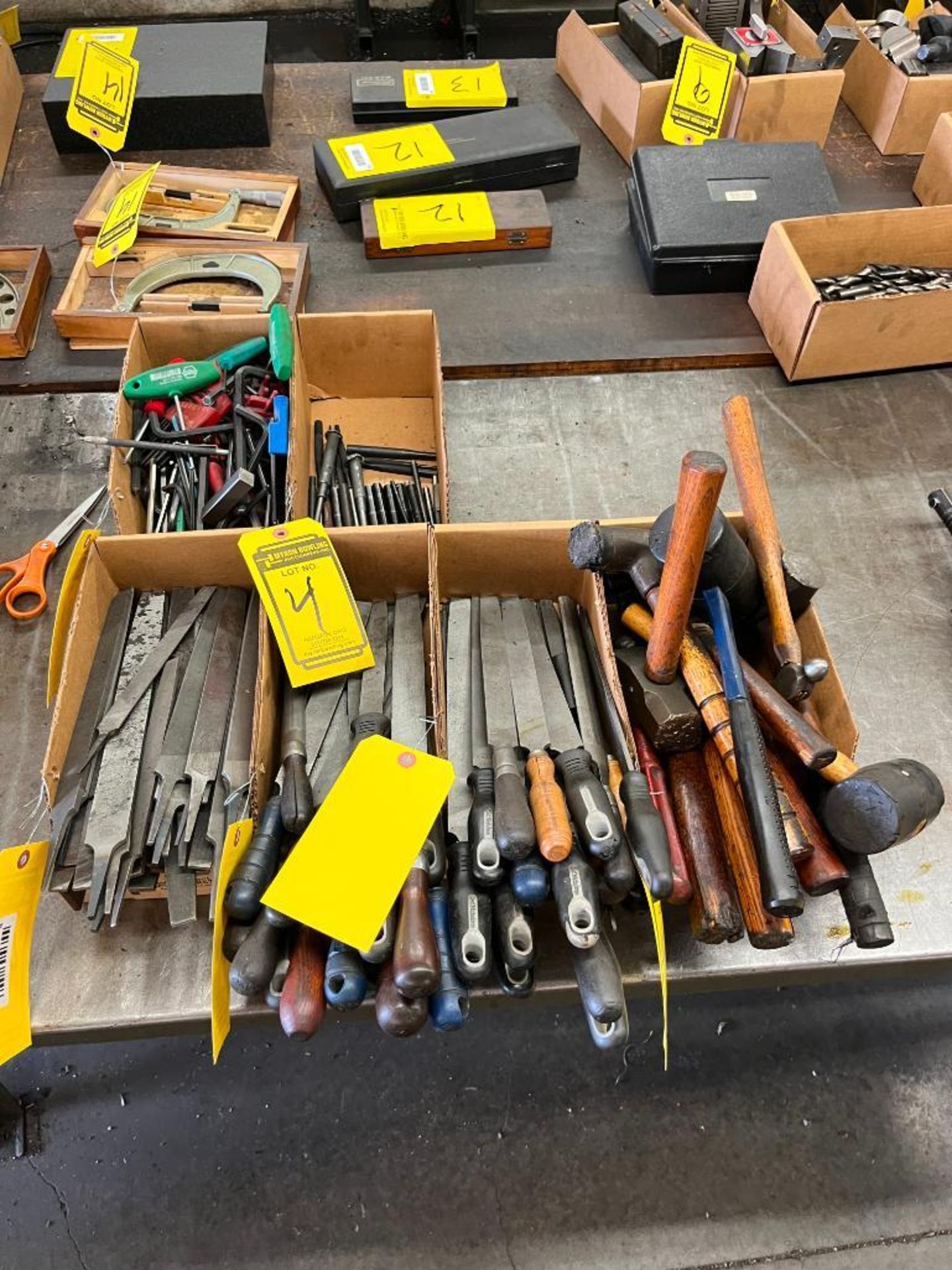(6) boxes of assorted hand tools, files, hammers, allen wrenches, & punches