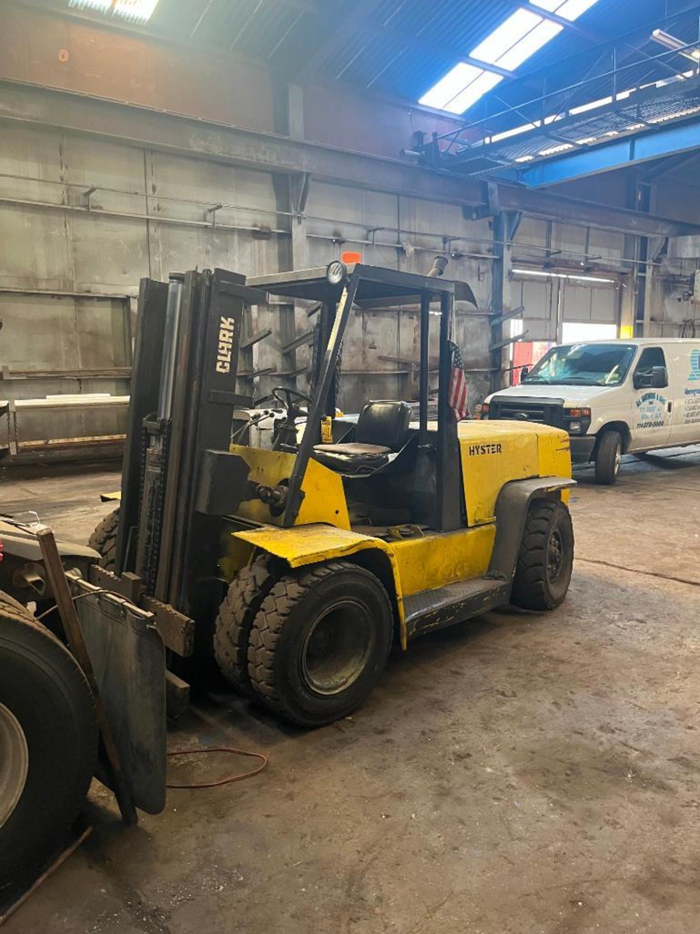 Hyster diesel forklift, dual front tire, pneumatic tires, Clark 3-stage mast, 4,200 hrs., 66" forks