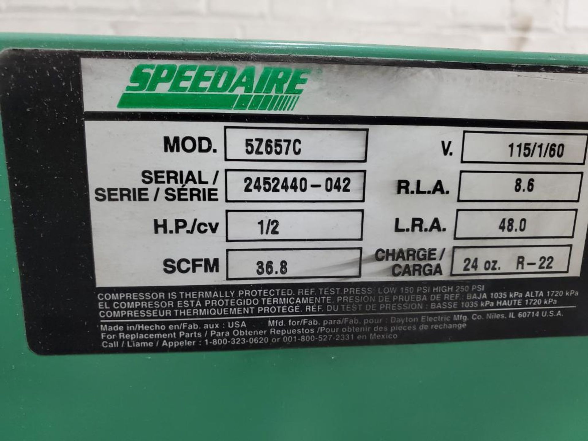 Speed Aire Refrigerated Air Dryer, Model 52557C, 1/2 Hp, 36.8 Cfm, R-22 - Image 5 of 5