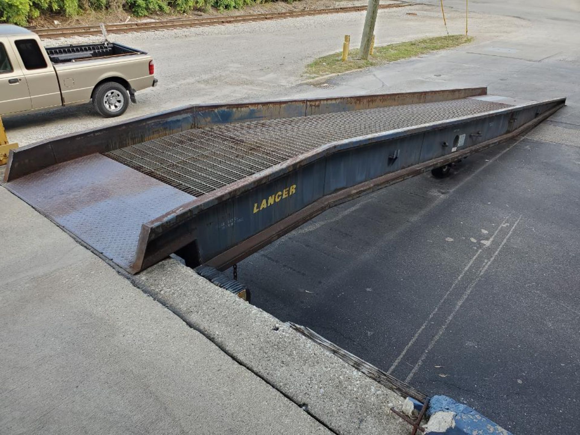 Dock Ramp, 27' X 64", Center Pneumatic Tire Axle, Level Off Top, Adjustable Pitch (Delayed Removal u