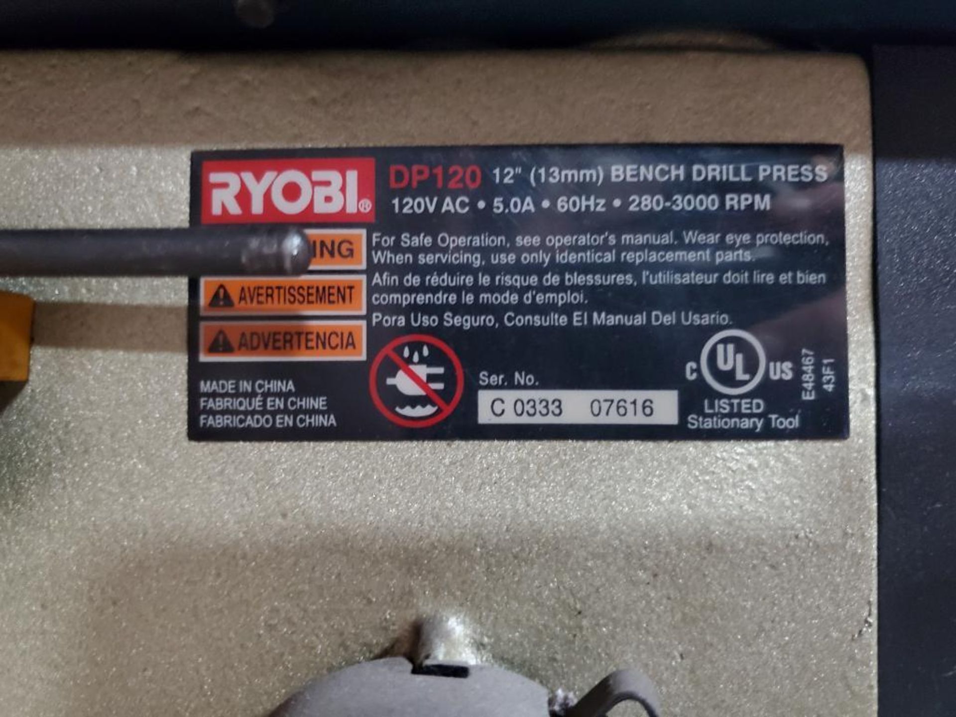 Ryobi 12" Bench Top Drill Press, Model DP120, 280-3,000 Rpm, 10" Dia. Table - Image 6 of 6