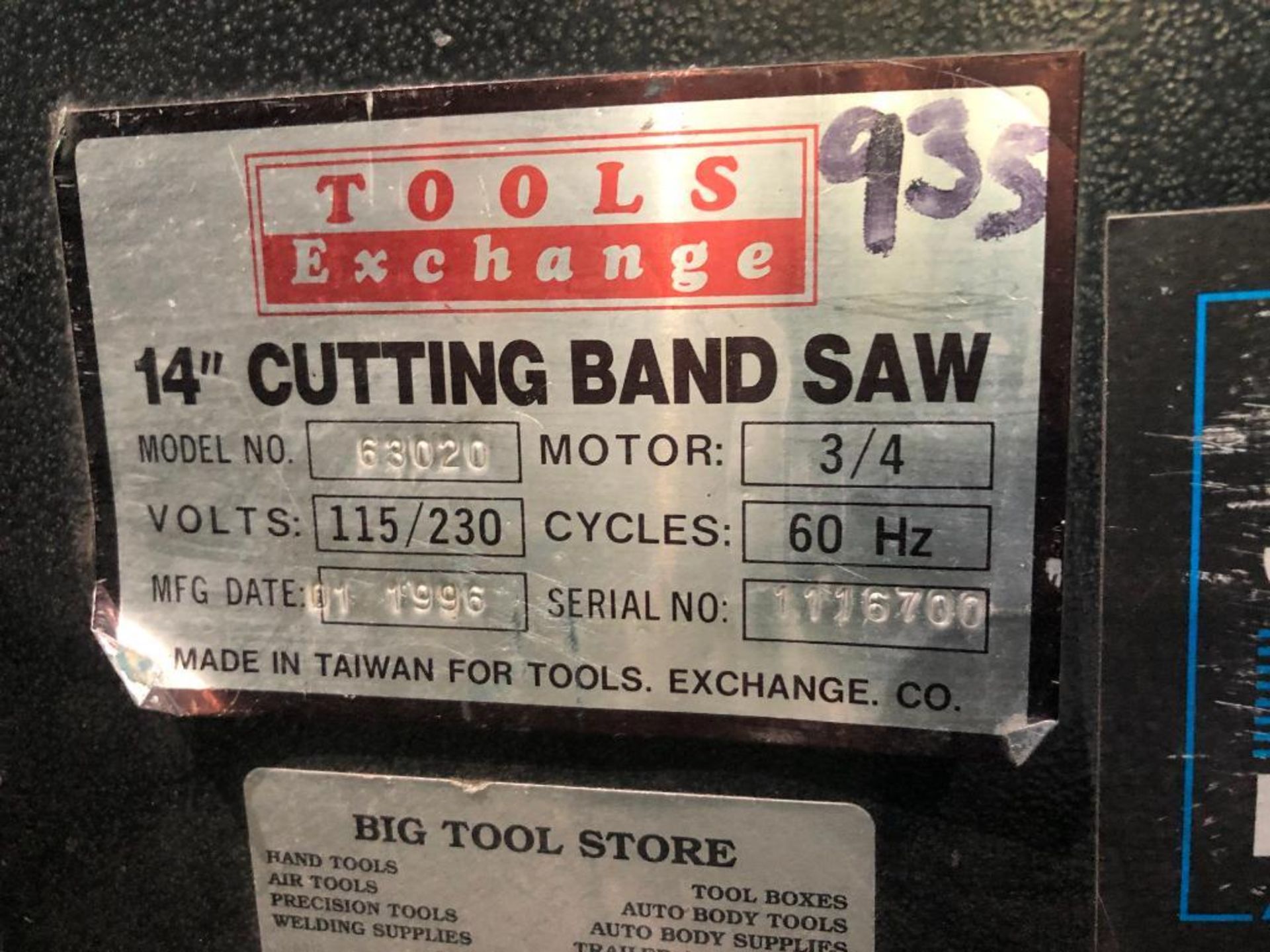Tool Exchange 14" Cutting Band Saw, Model 63020, Volts 115/230, S/N 1116700 - Image 3 of 3