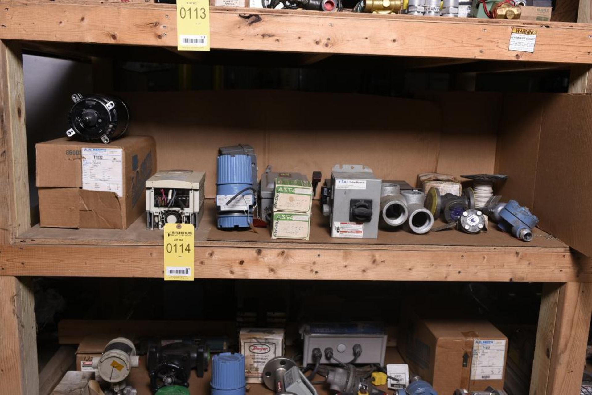 Shelf of Miscellaneous MRO, Valves, Electrical, Motors, Indicators, Pumps (Rosemount, Square D, Kunk