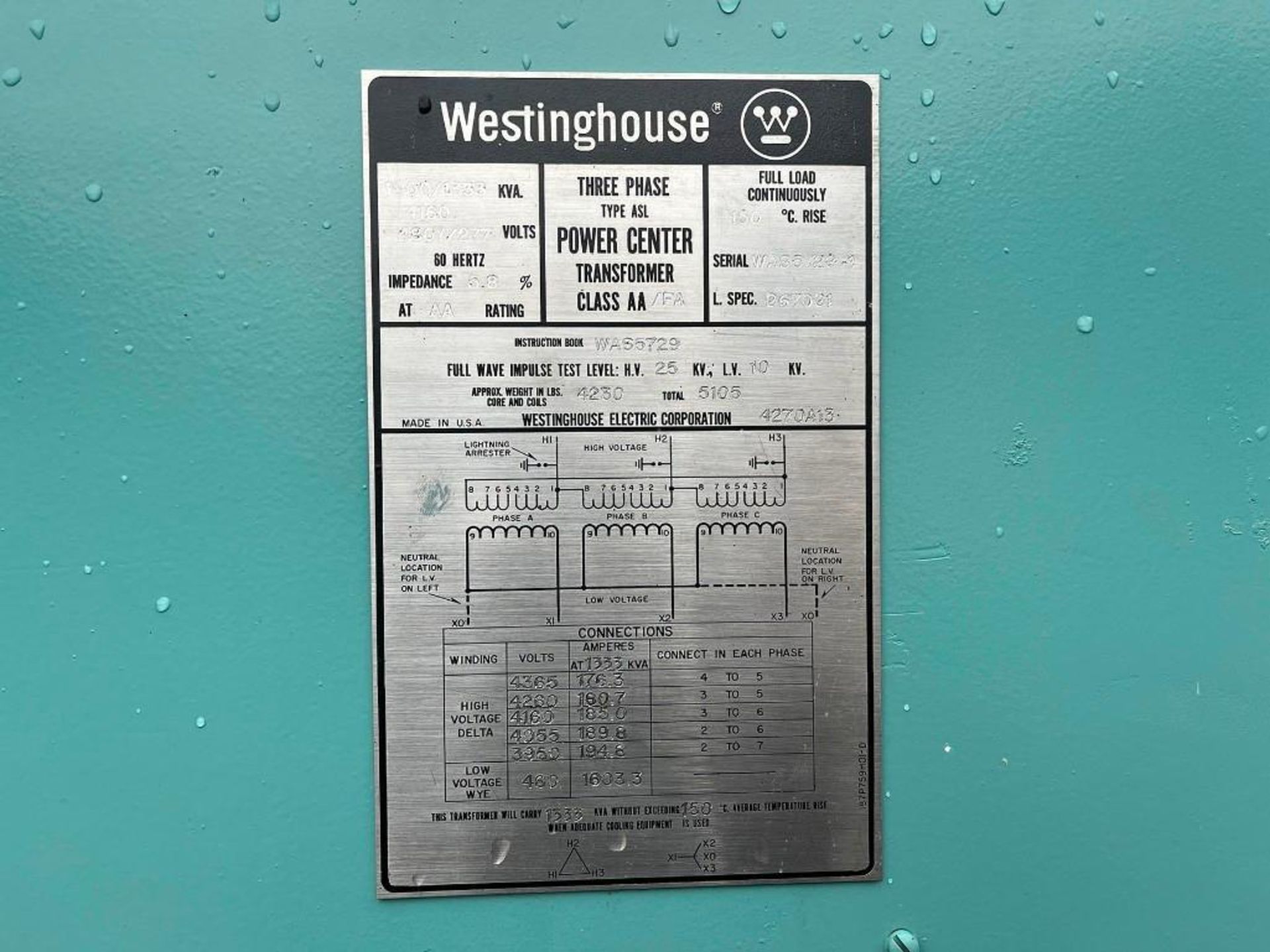 Westinghouse Dry Type Transformer, 1,000 KVA, High Voltage: 4,160, Low Voltage: 480Y/277 - Image 5 of 5