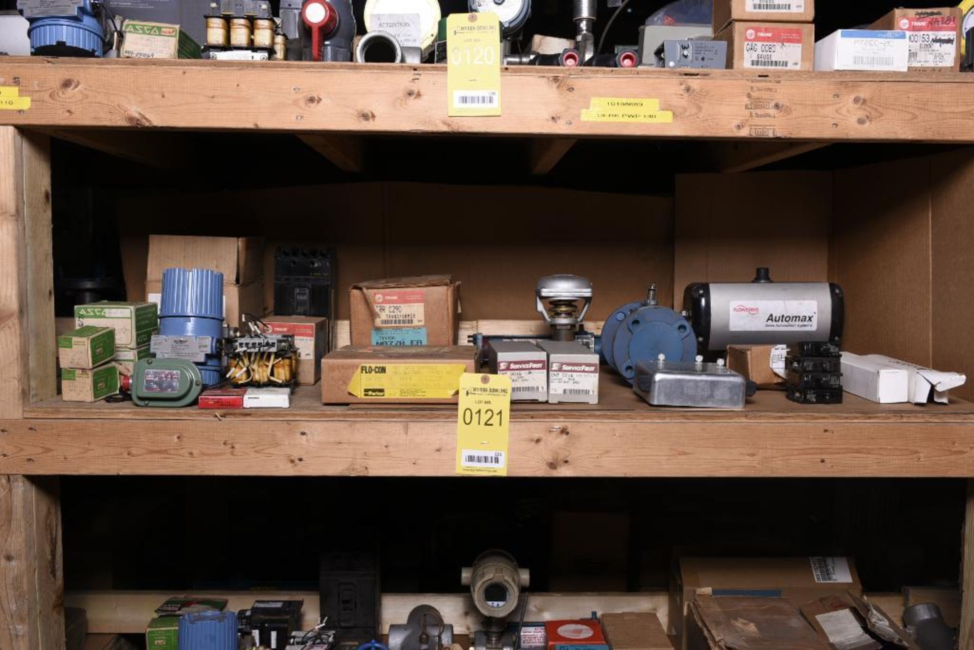 Shelf of Miscellaneous MRO, Valves, Electrical, Motors, Indicators, Pumps (Flowserve, Trane, Rosemou