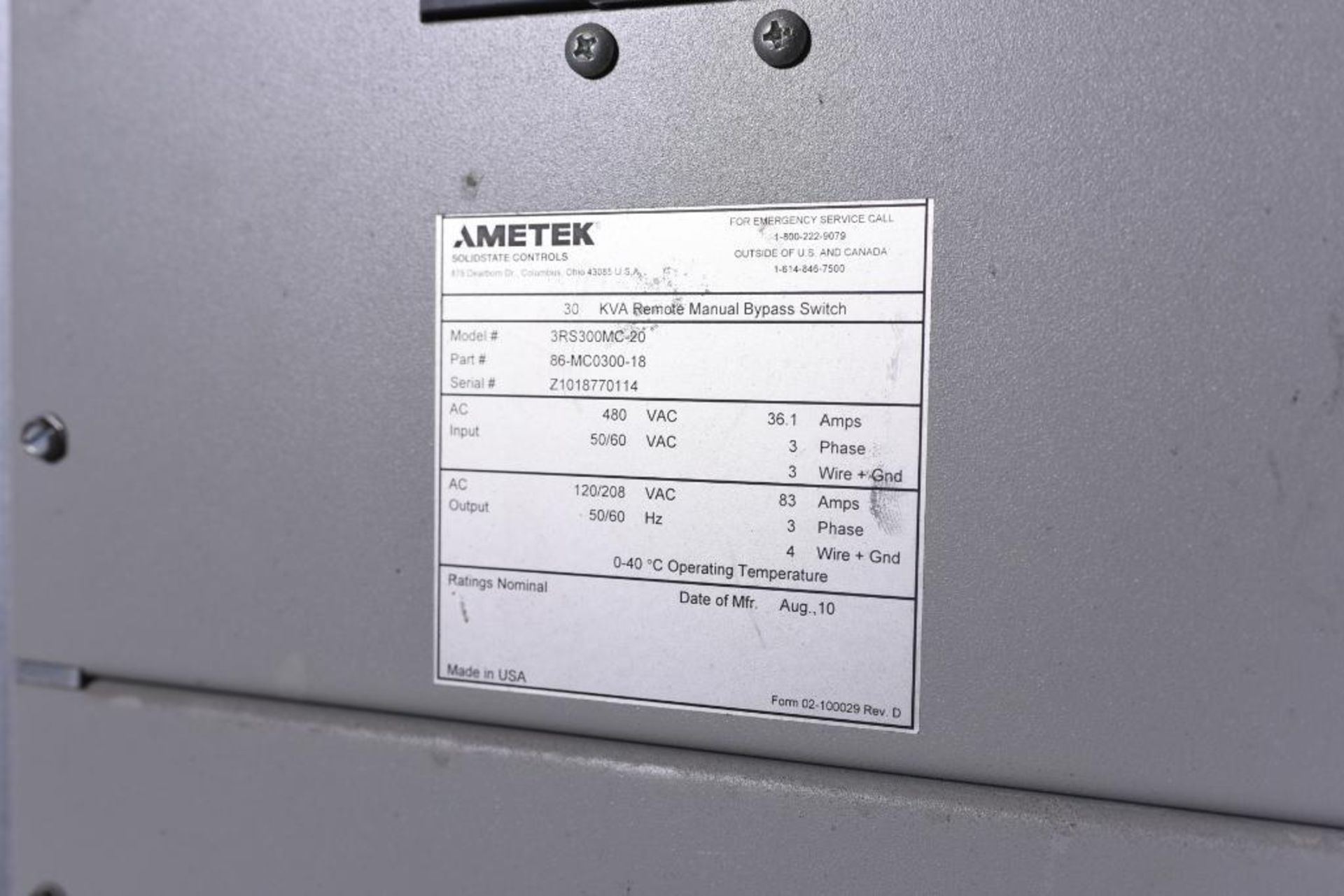 (2) Ametek Solidstate Controls, 30 KVA UPS, Model: 3DPP030-48-12-20-60-KSF, 30 KVA Remote Bypass Swi - Image 4 of 5