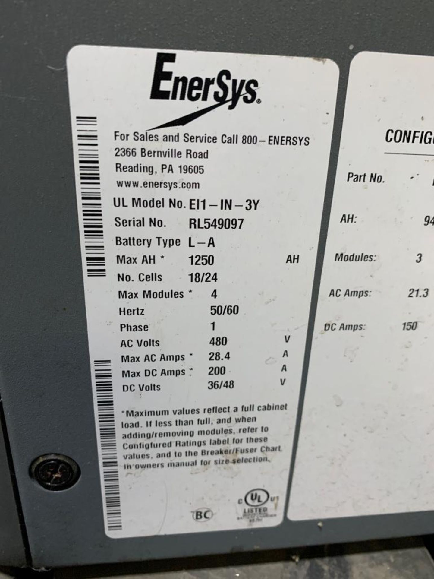 Enersys Enforcer Impaq 36/48-Volt Single Phase Battery Charger, Model: EI1-IN-3Y - Image 2 of 2