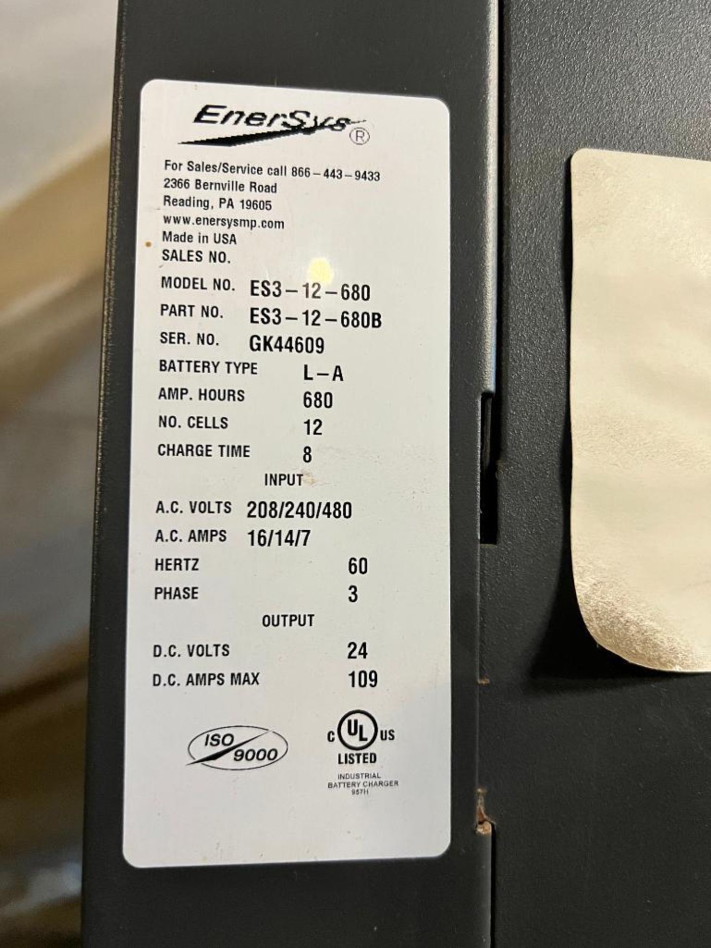 Enersys Enforcer SCR Battery Charger, 24 Volt, w/ Sackett Systems Battery Cradle, S/N GK44609 - Image 3 of 3