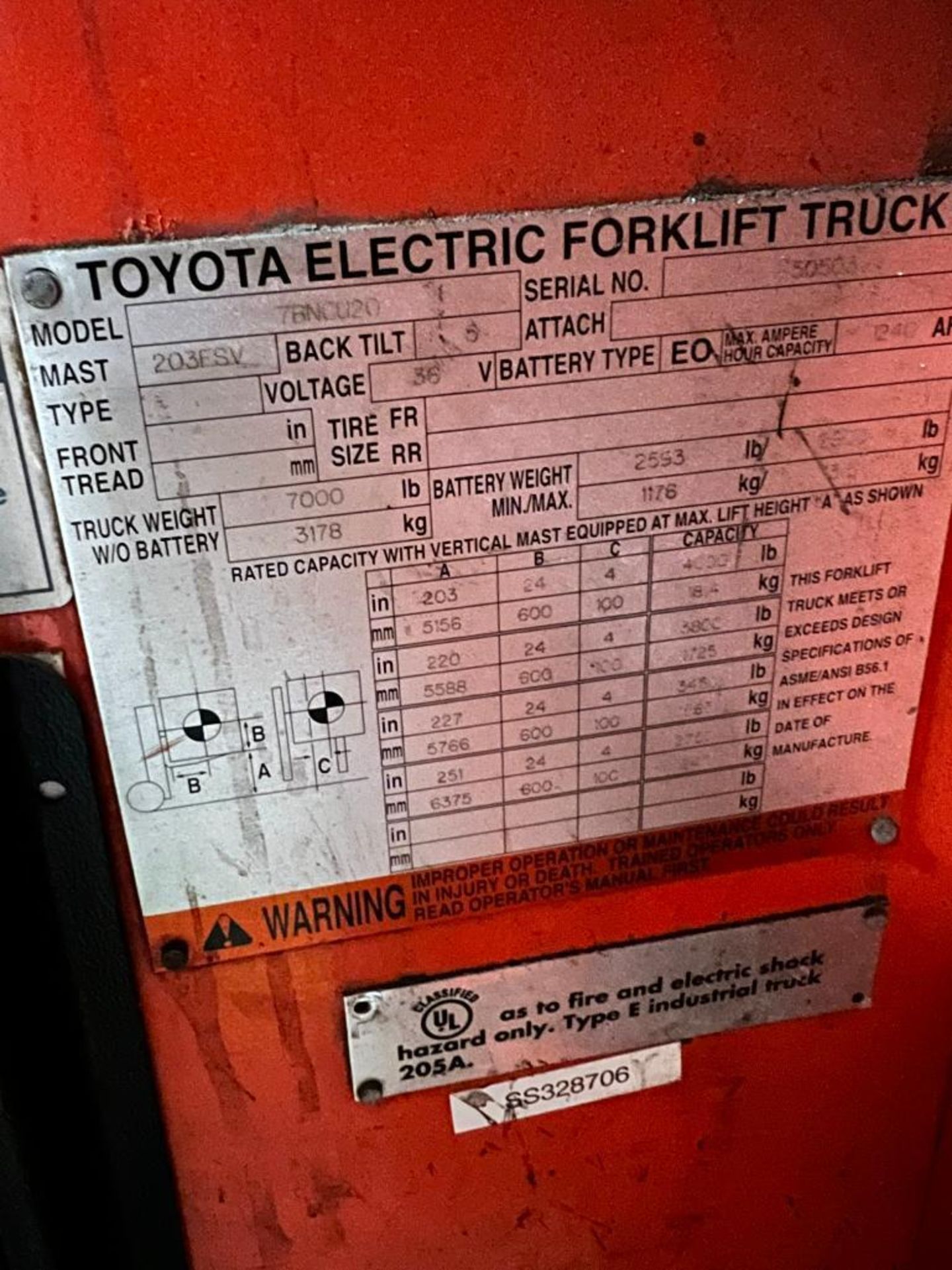 2010 Toyota Electric Standup Forklift, Model 7BNCU20, S/N 50503, 4,000 LB. Cap. - Image 4 of 4