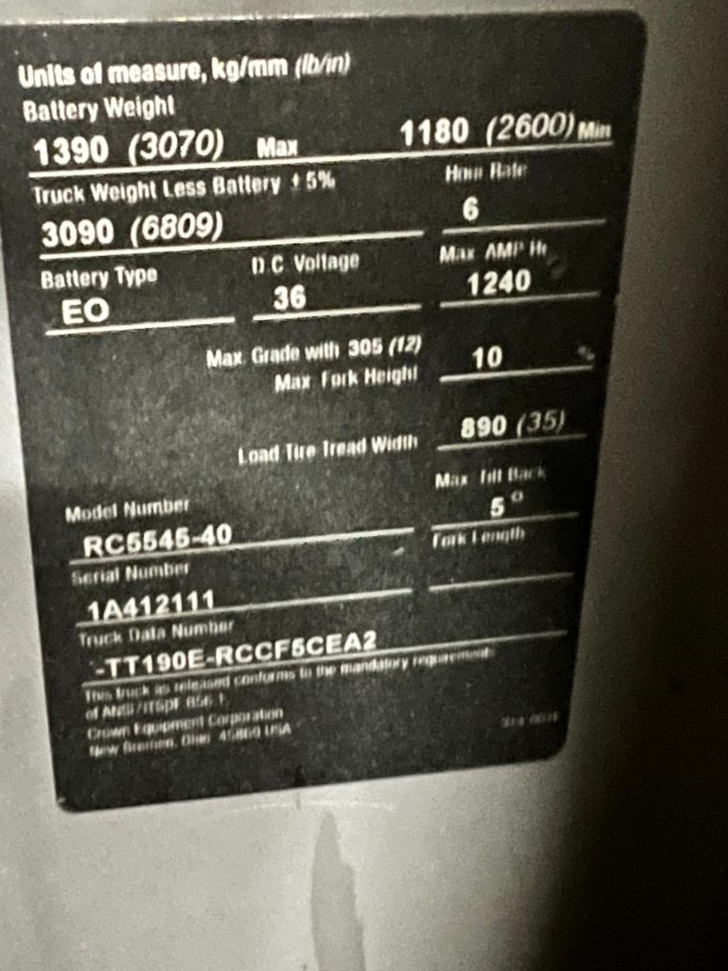 2013 Crown Electric Standup Forklift, Model RC5545-40, S/N 1A412111, 4,000 LB. Cap., 6,590 Hours (De - Image 4 of 4