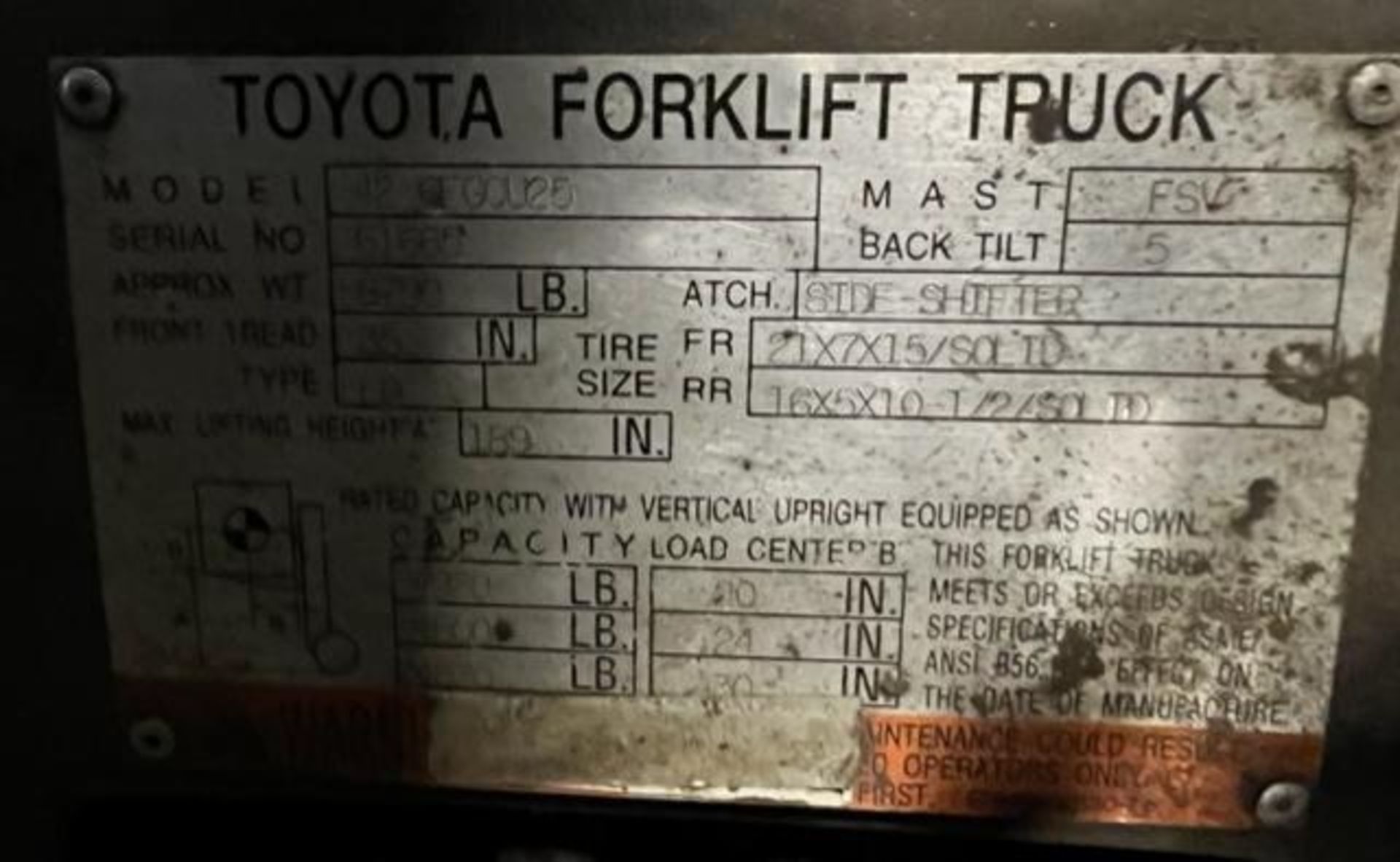 Toyota Forklift, Model 42-6 FGCU25, S/N 61665, LPG, 5,000 LB. Cap., Solid Tires, 3-Stage Mast, Sides - Image 5 of 5