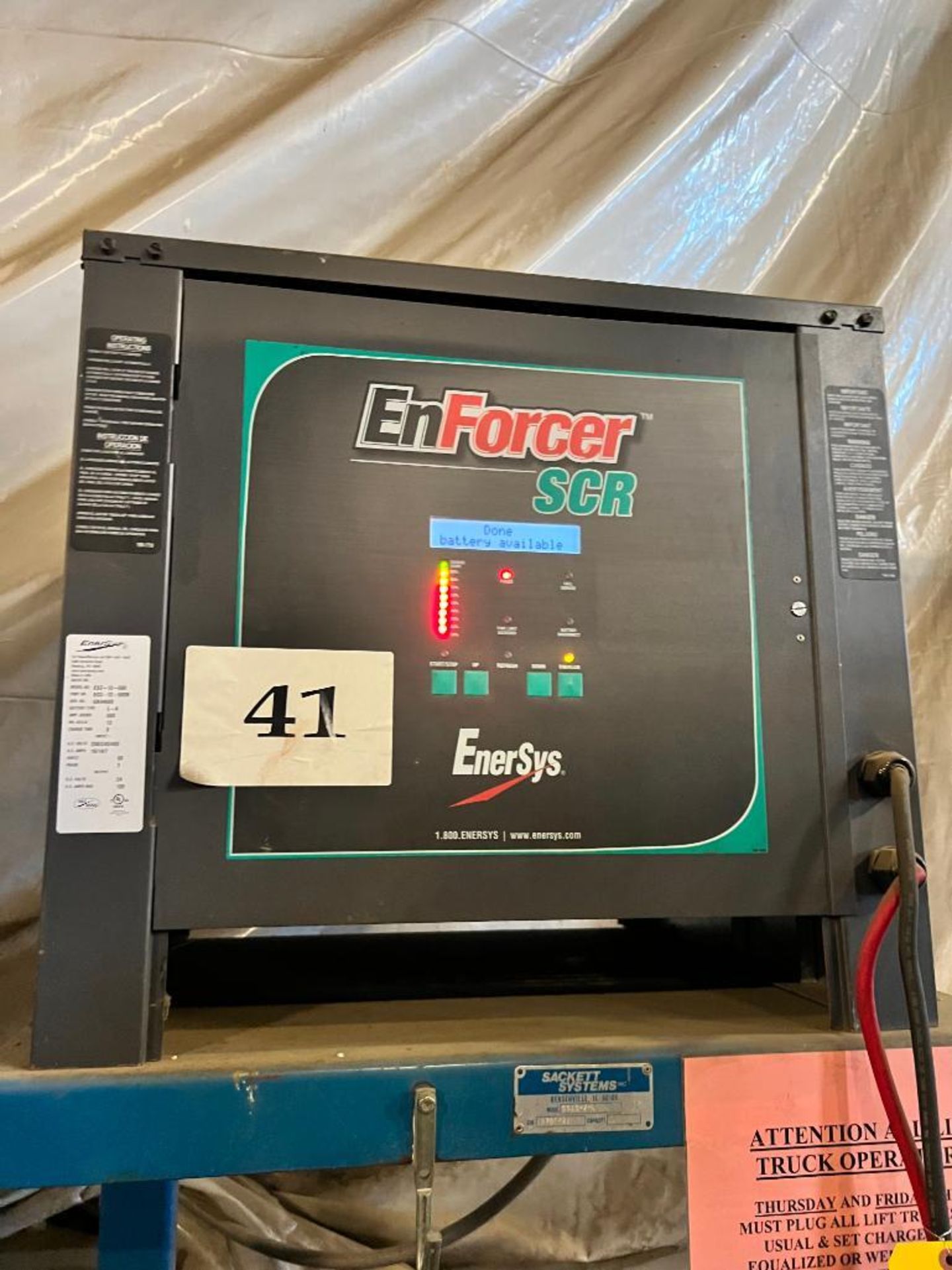 Enersys Enforcer SCR Battery Charger, 24 Volt, w/ Sackett Systems Battery Cradle, S/N GK44609