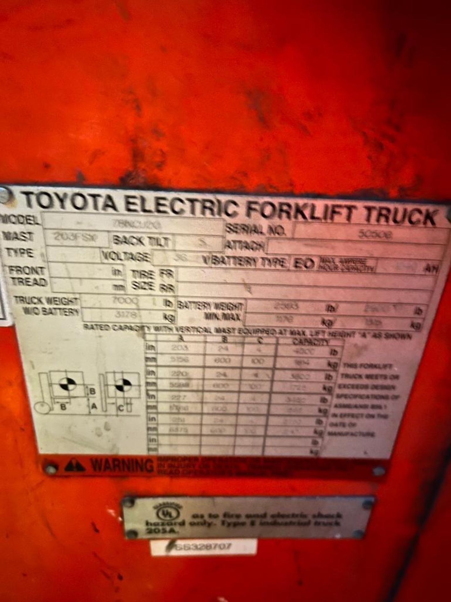 2010 Toyota Electric Standup Forklift, Model 7BNCU20, S/N 50506, 4,000 LB. Cap., 7,986 Hours, 250" T - Image 4 of 4