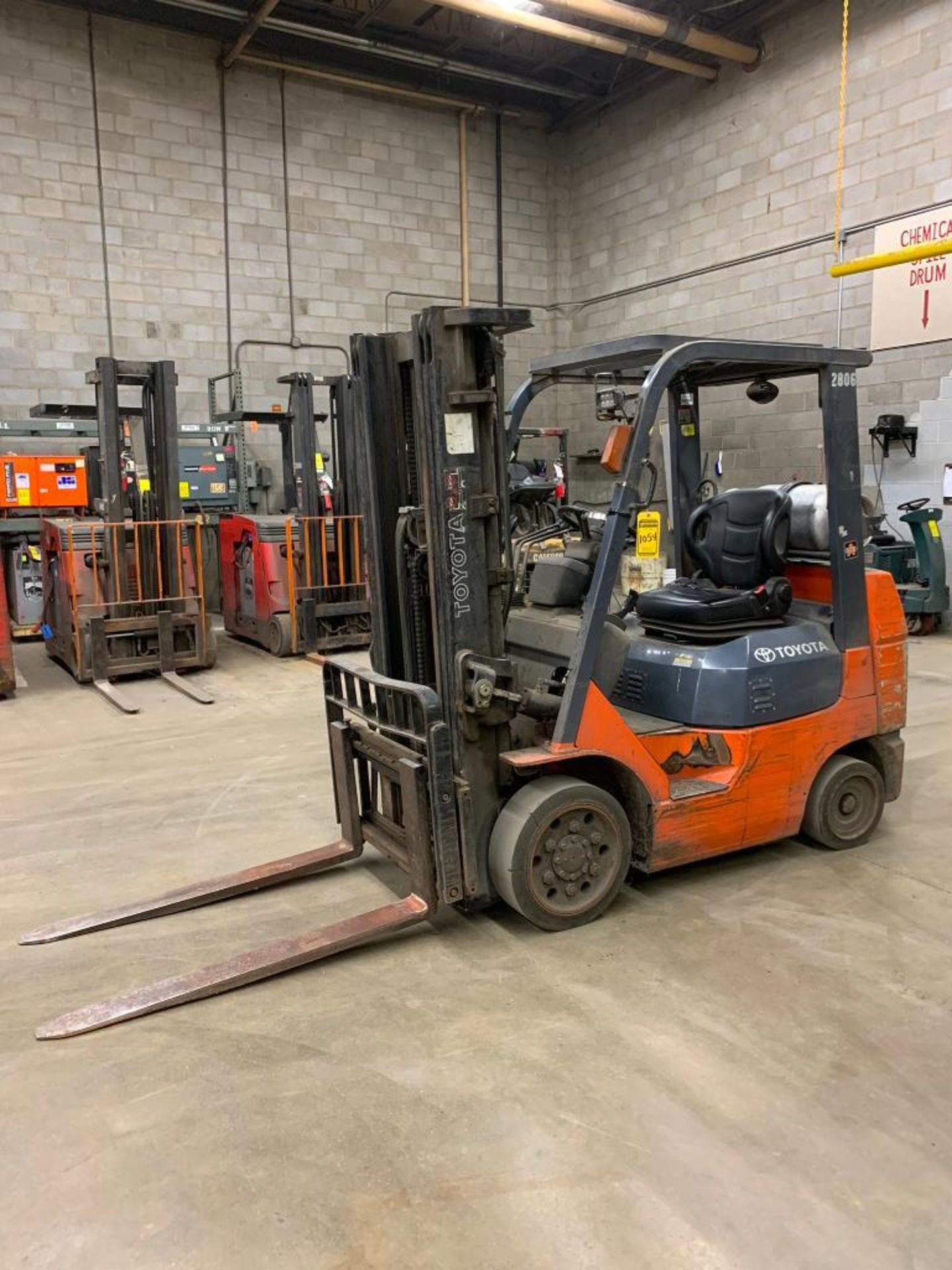 Toyota Forklift, LPG, 5,000 lb. Cap., Model 7FGCU25, S/N 04516, Solid Tires, 3-Stage Mast, Sideshift