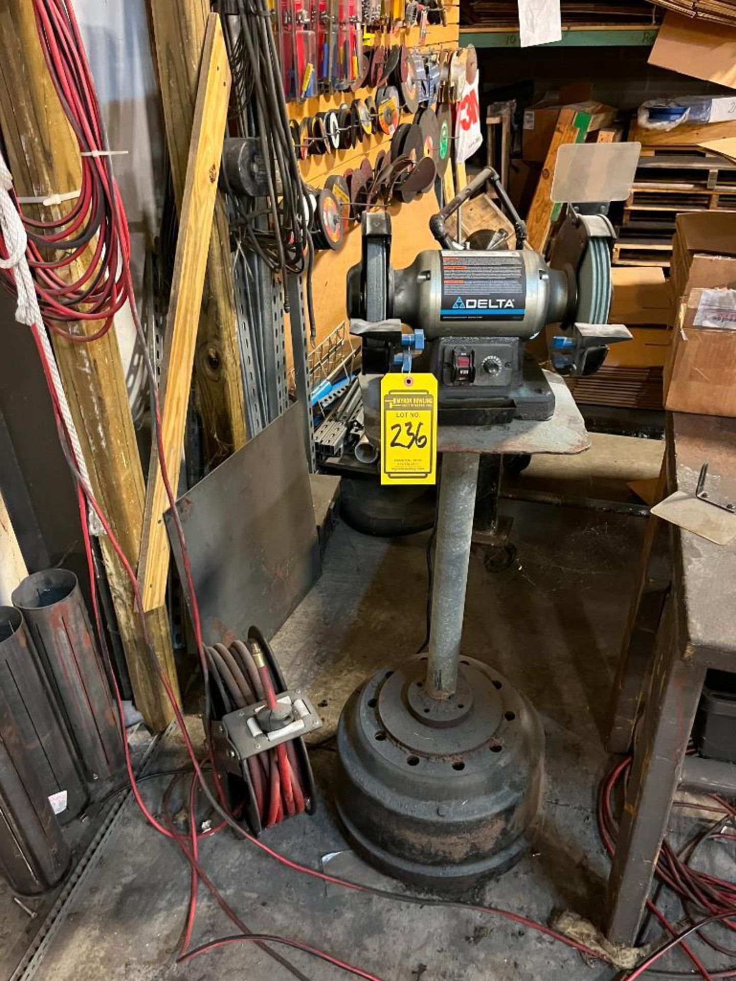 Delta 8" Double End Bench Grinder, 2,000-3400 RPM, Model 23-197, w/ Pedestal & Air Hose Reel