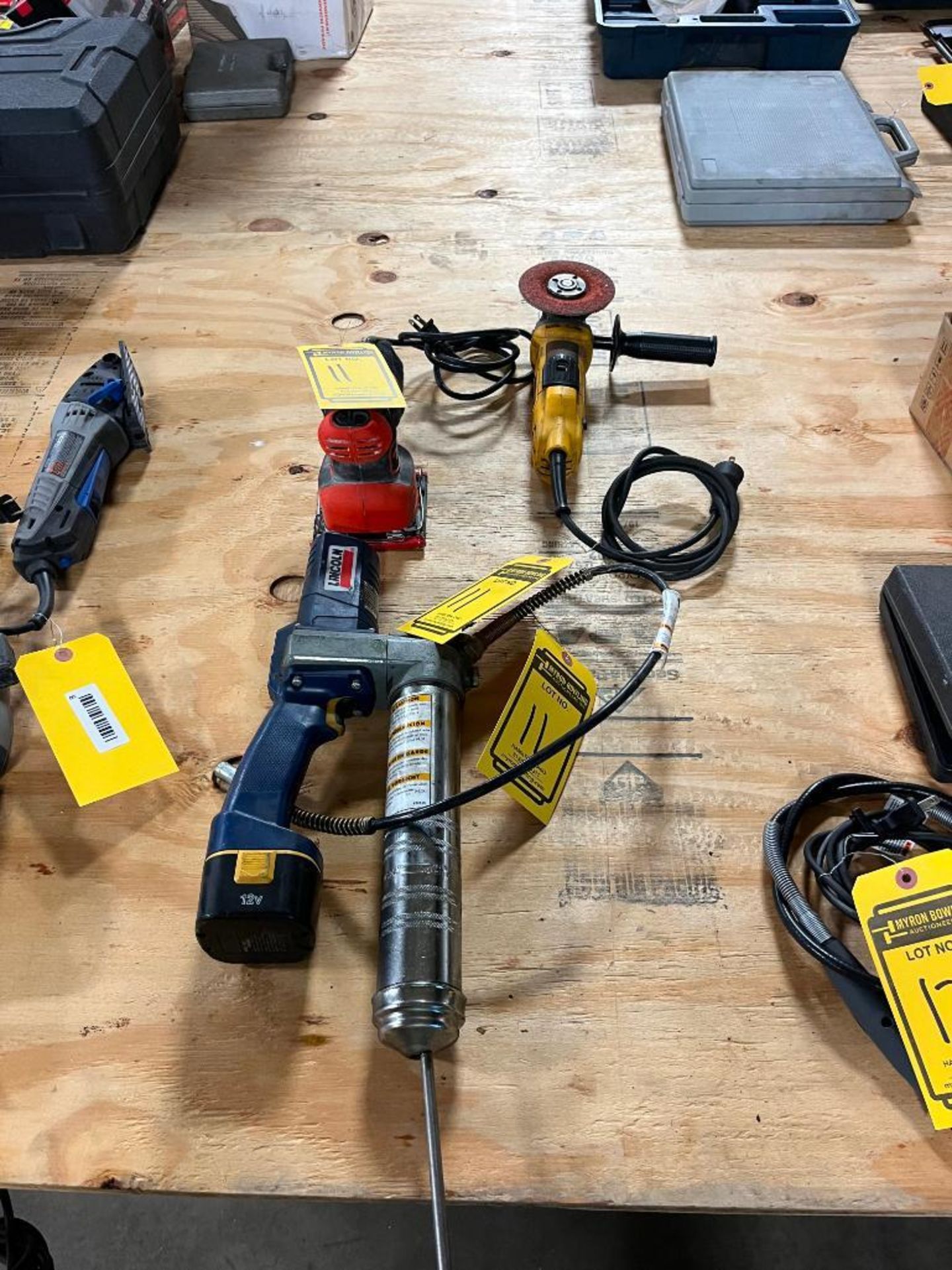 Assorted Tools, Incl. Lincoln Handheld Cordless Grease Gun, Dewalt 4-1/2" Angle Grinder, Black & Dec