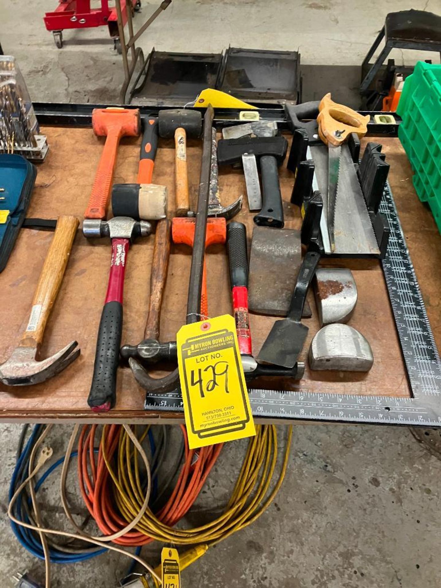 Assorted Tools; Hammers, Squares, Level, Saws, & Hatchets