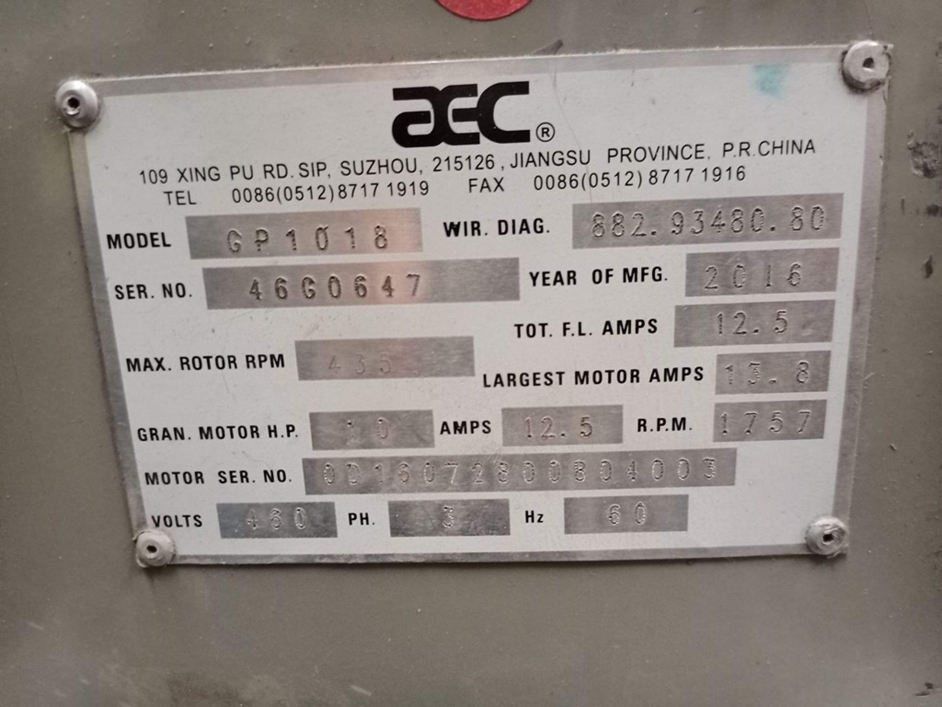 AEC Plastic Granulator 10 HP, year 2016, current 460V/60Hz 3PH - Image 9 of 10