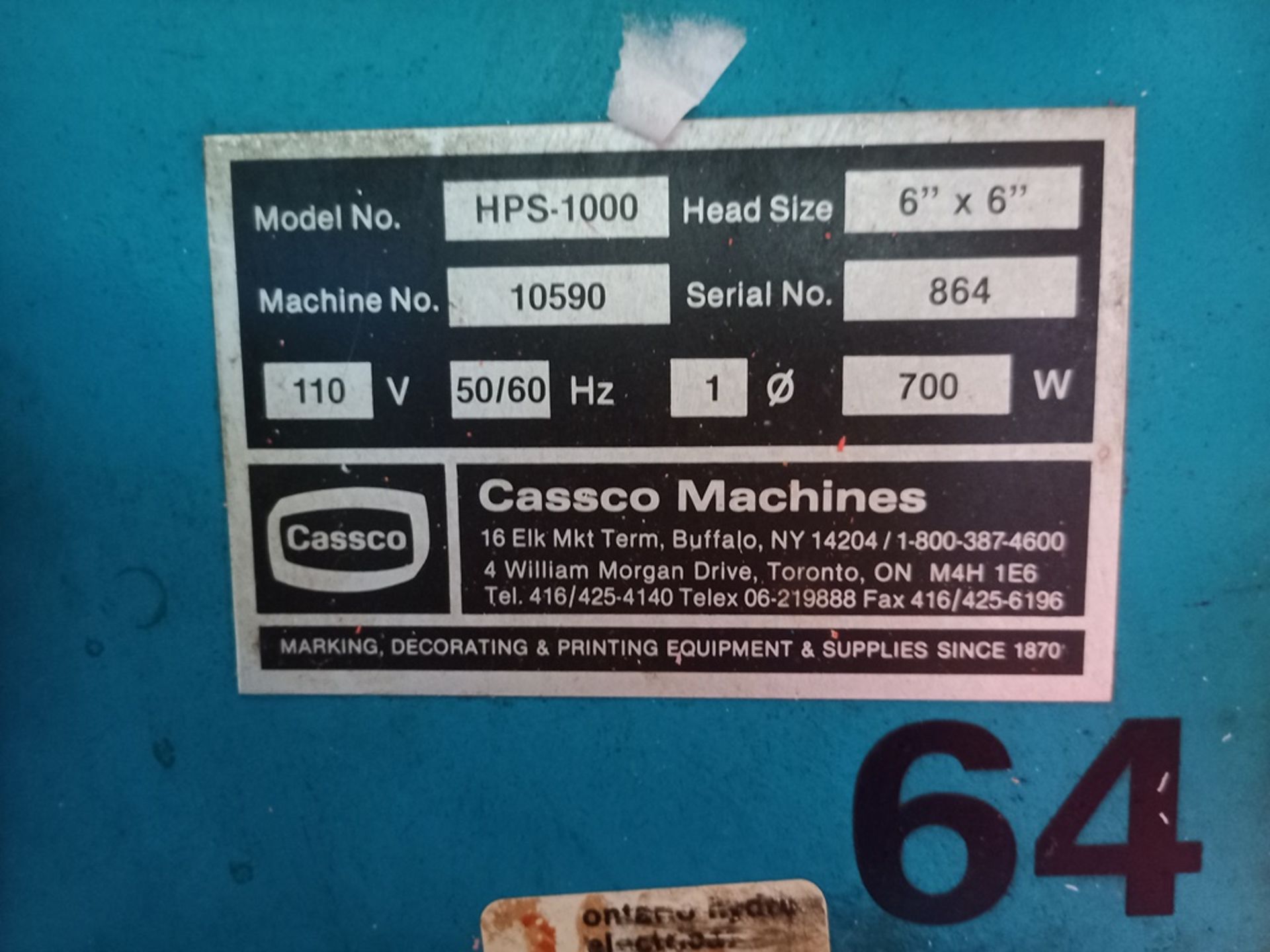Cassco Machines hot stamping machine, Model HPS-1000, S/N 864, Measures 6" x 6", 110V/1PH/60Hz. - Image 19 of 20