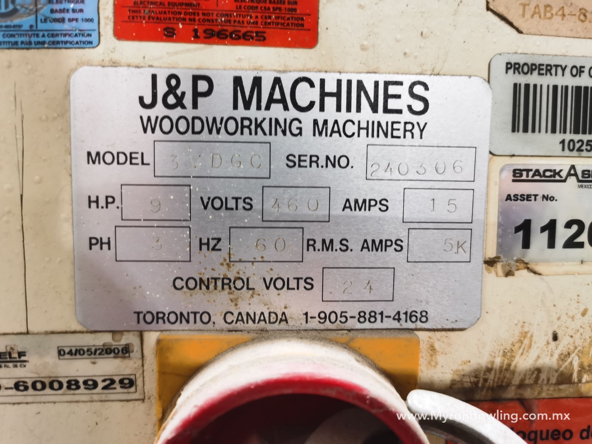 J&P Drawer Front Boring Machine, Model 3VDGC, S/N 240306, 460 V / 60 Hz, ASSET NUMBER 11208. - Image 9 of 23