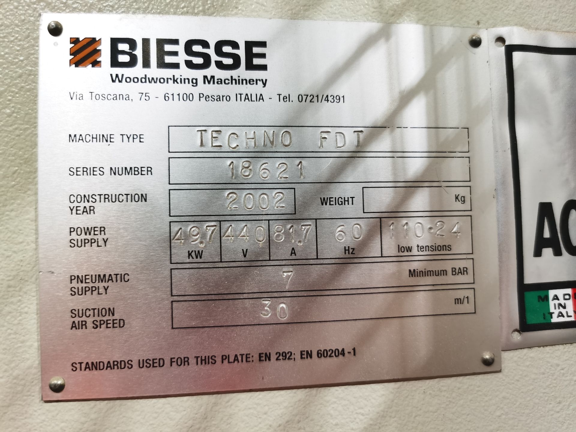 BiesseDrilling Machine, Model TECHNO LOGIC, S/N 94045, Year 2002, 440 V / 60 Hz, 81 AMPS, ASSET - Image 42 of 43