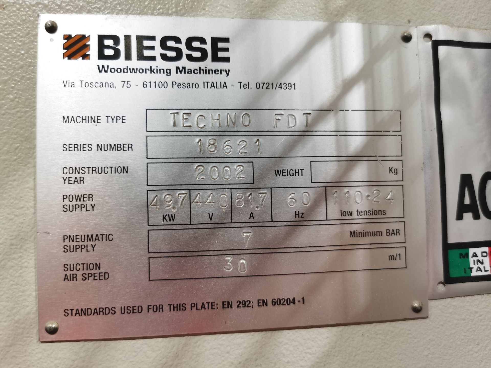 BiesseDrilling Machine, Model TECHNO LOGIC, S/N 94045, Year 2002, 440 V / 60 Hz, 81 AMPS, ASSET - Image 41 of 43