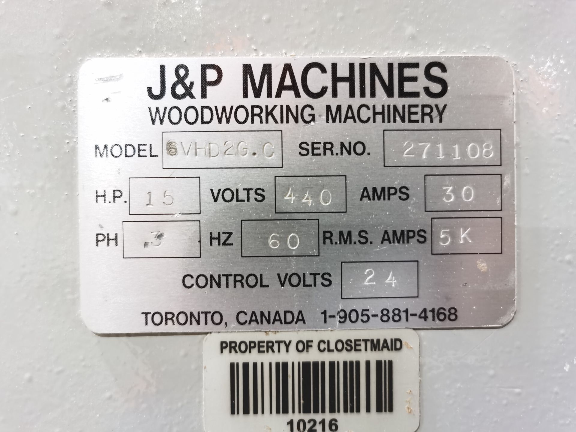 J&P Drawer Sides Drilling Machine, Model 6VHD2G.C, S/N 271108, 440 V / 60 Hz, 30 AMPS, ASSET NUMBER - Image 27 of 28