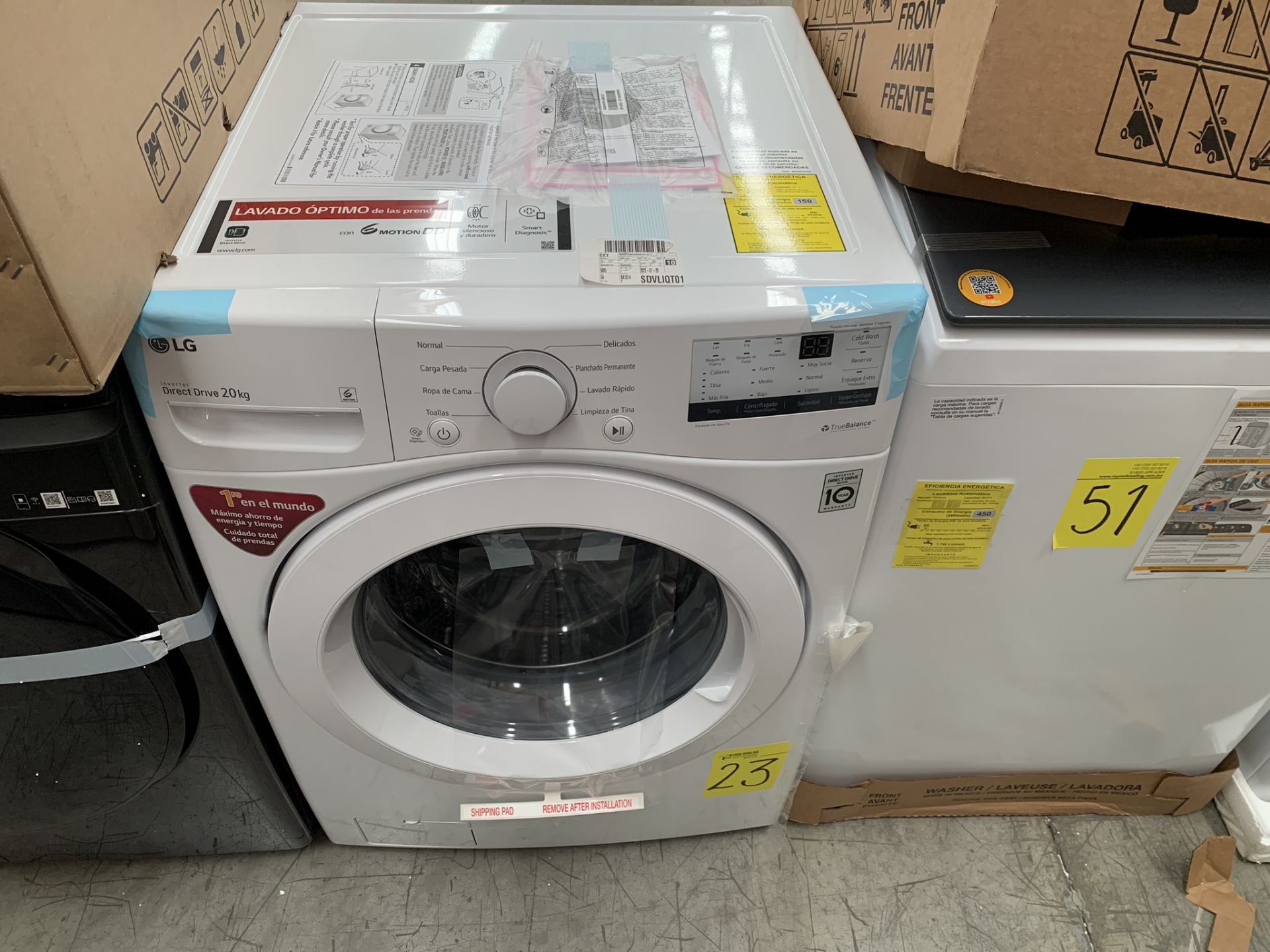 1 Lavadora de 20 Kg, Marca LG, Modelo WM20WV26W, No de serie 206VWSM20198, Color Blanca , LB- 01914