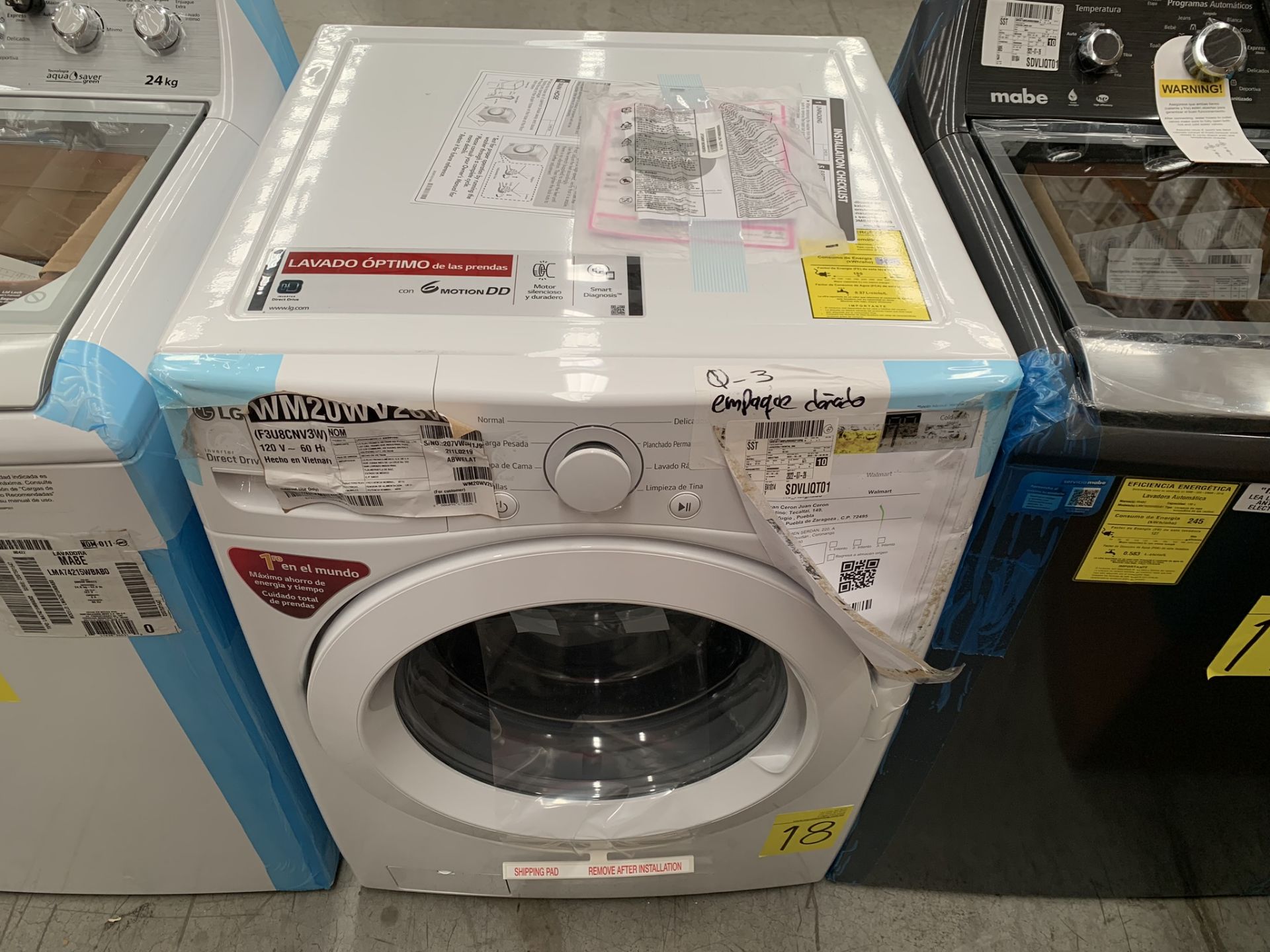 1 Lavadora de 20 Kg, Marca LG, Modelo WM20WV26W, No de serie 207VWJH1J956, Color Blanca , LB- 02189