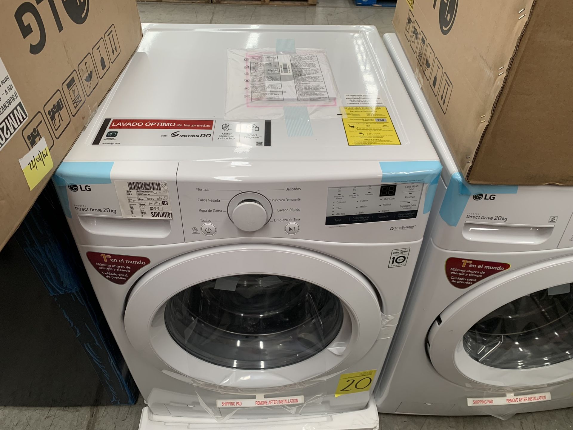 1 Lavadora de 20 Kg, Marca LG, Modelo WM20WV26W, No de serie 207VWHJ21737, Color Blanca , LB- 02119