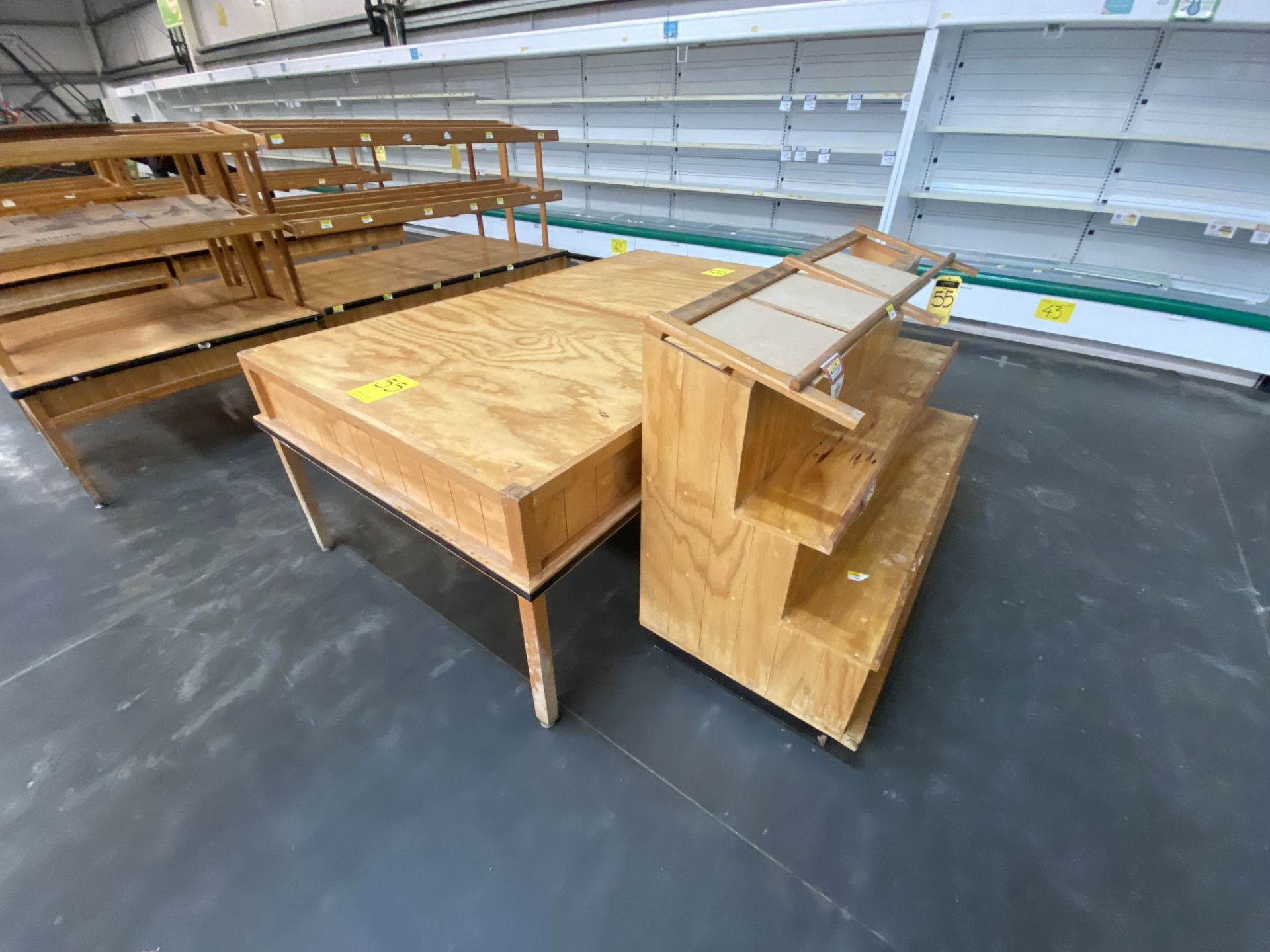 3 wooden tables for exhibition, measures 1.20 x 1.00 x 0.80; wooden Display cabinet for tortillas