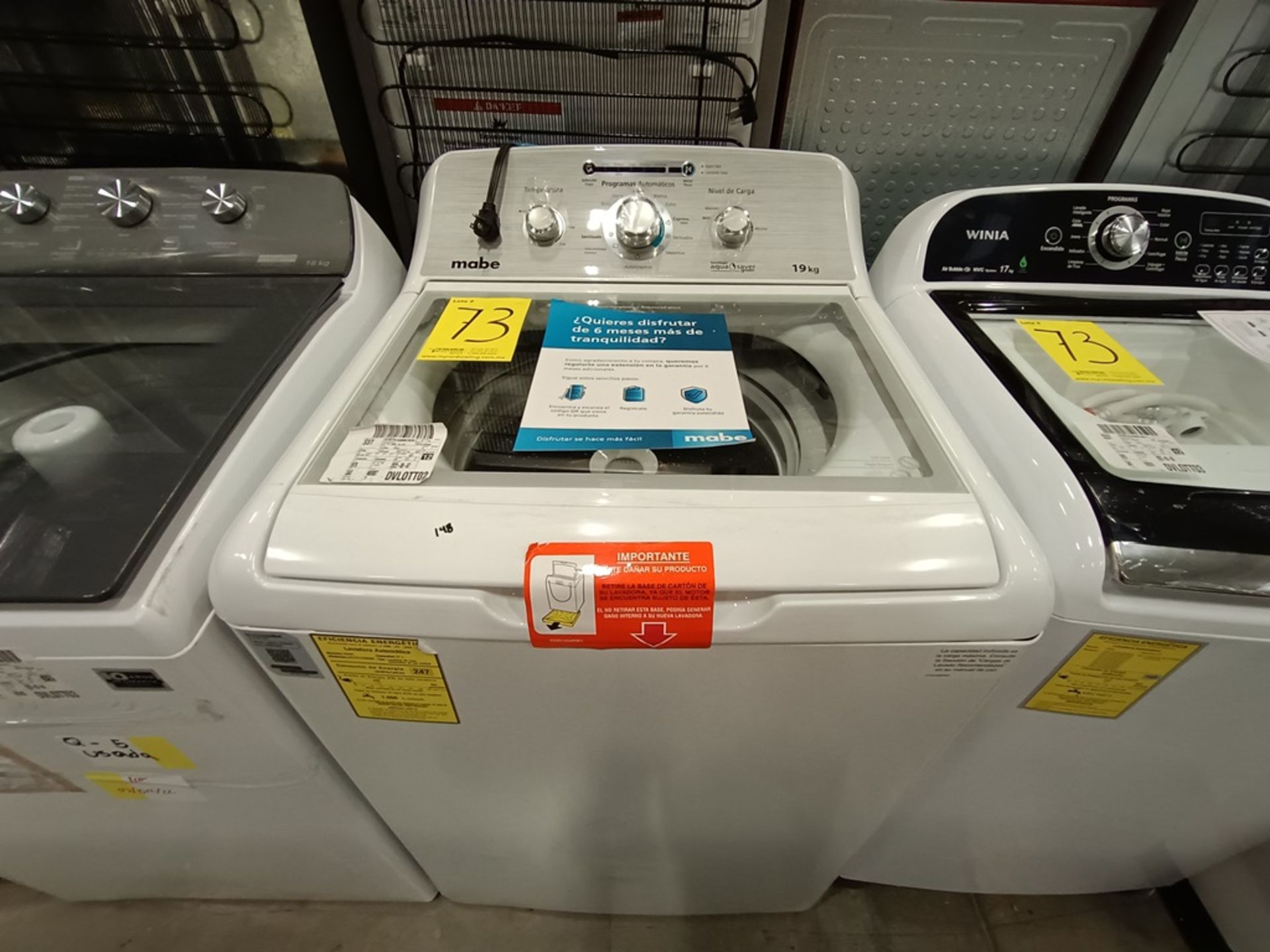 Lote de 2 Lavadoras contiene: 1 lavadora de 19 kg Marca MABE, Modelo LMA79113VBAB03, Serie S73629,