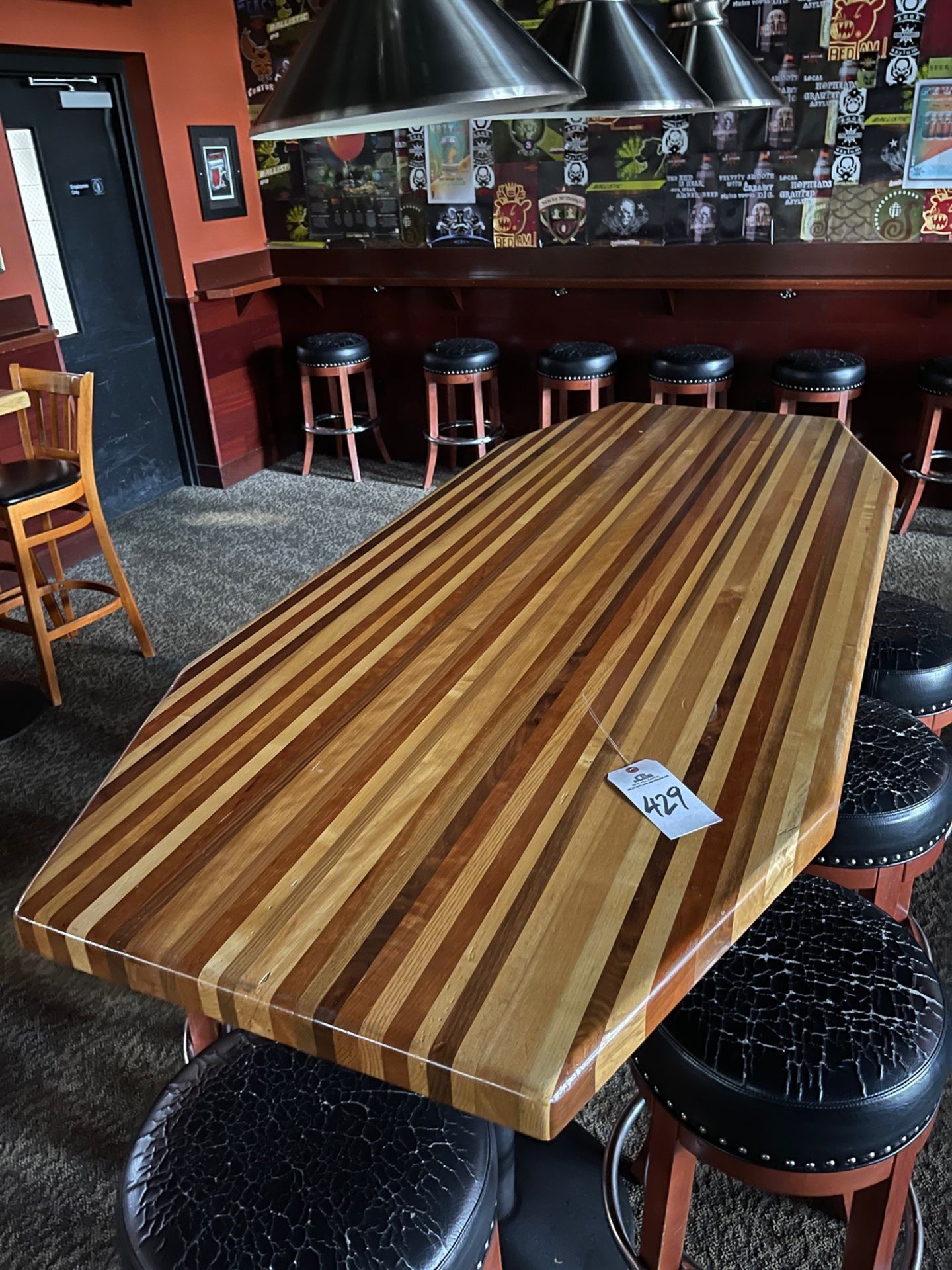 Custom Wooden 8 Top, Dual Pedestal Hightop Table with (8) Leather Round Barstools, | Rig Fee $150