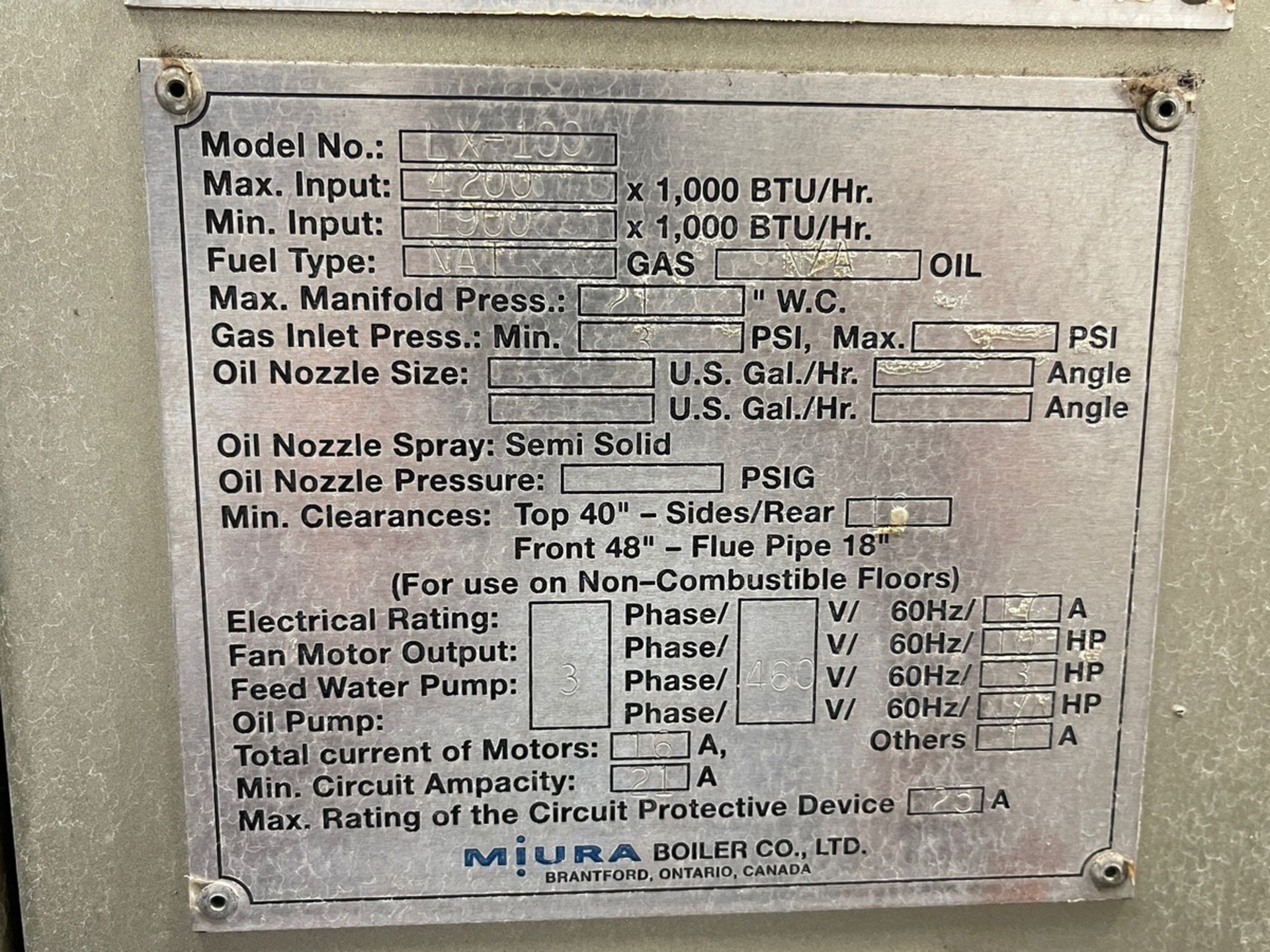 2012 Muira LX-100 Boiler, 3520 LB/HR Maximum Steaming Capacity, 42,000 BTU, Approx. | Rig Fee $1500 - Image 3 of 7