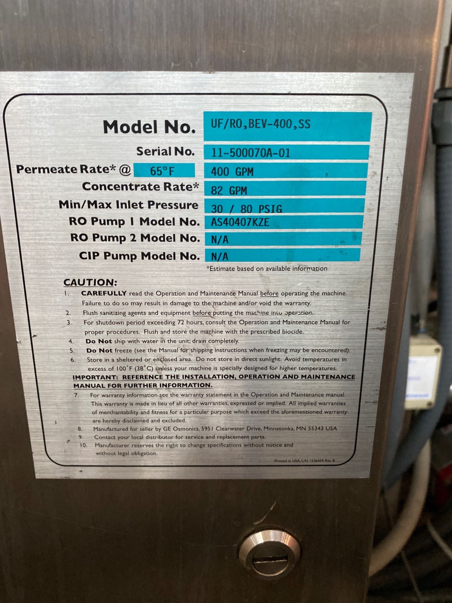 2011 GE Process UF Reverse Osmosis System, Model UF/RO BEV-400 SS, 400 GPM Permeate | Rig Fee: $4250 - Image 4 of 13