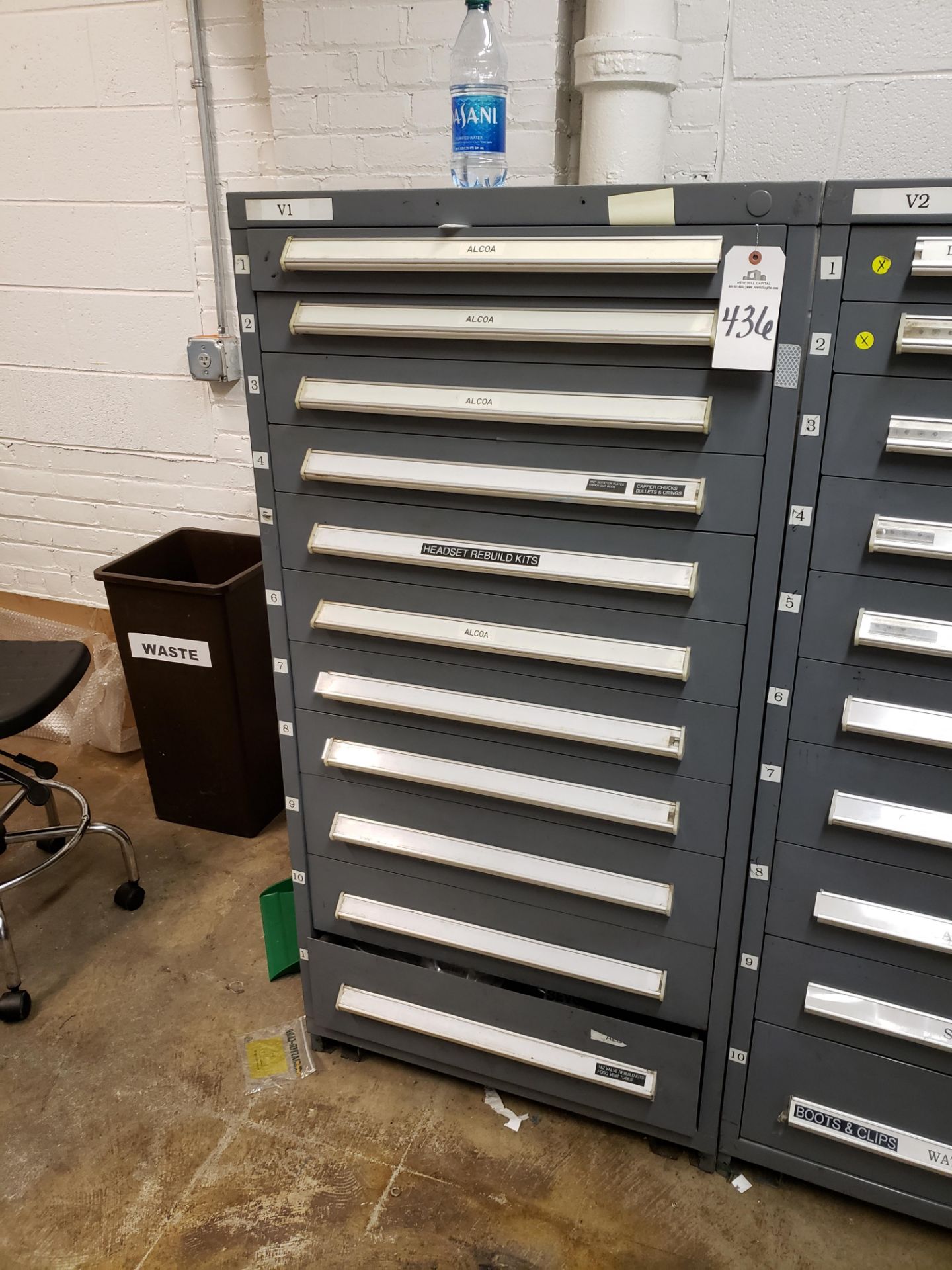 Vidmar 11 Drawer Storage Cabinet, W/ Contents, Filler Nozzle Spare Parts | Rig Fee: $100