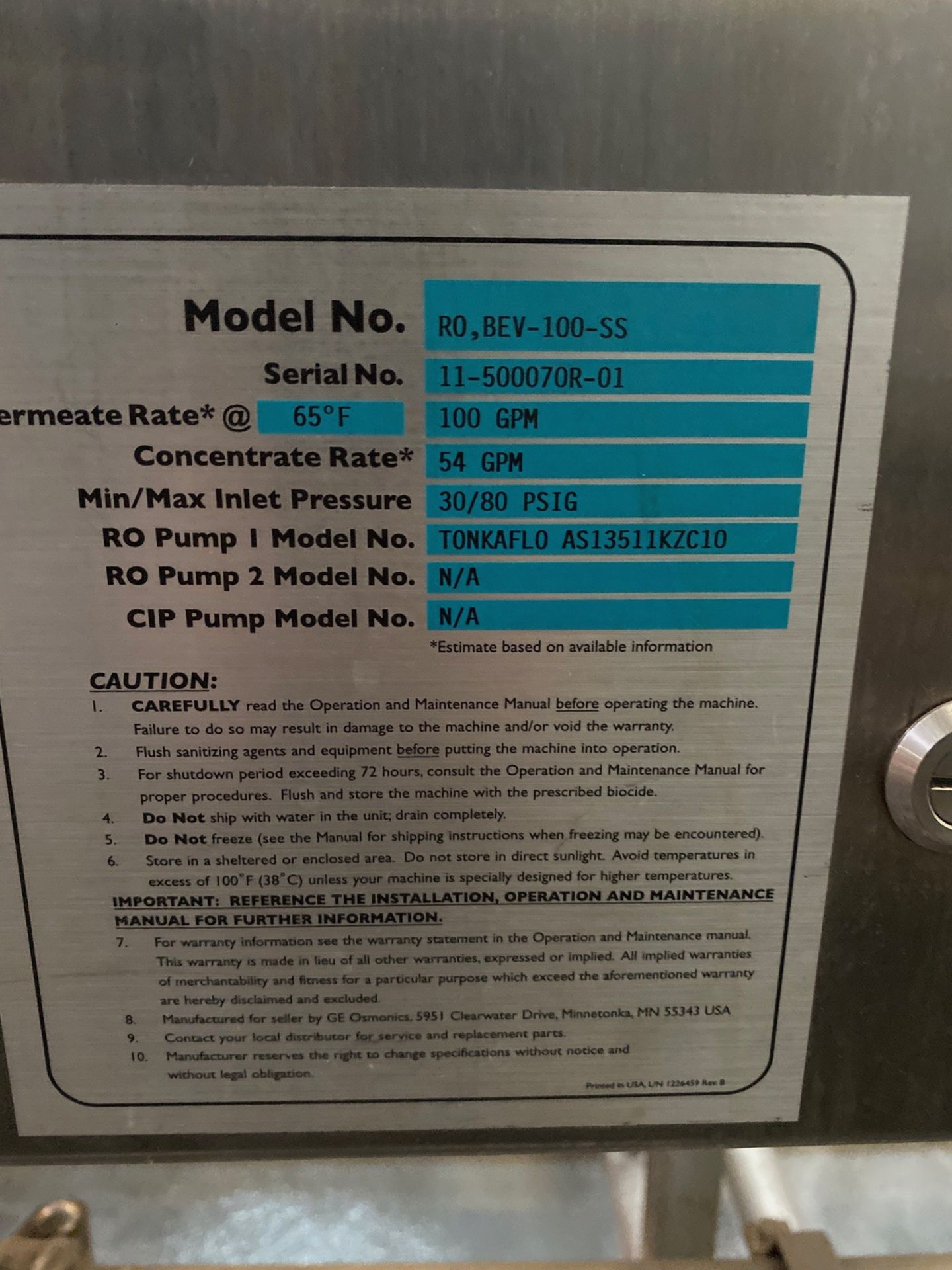 2011 GE Process Reverse Osmosis System, Model RO BEV-100 SS, 100 GPM Permeate Rate, | Rig Fee: $2250 - Image 4 of 7