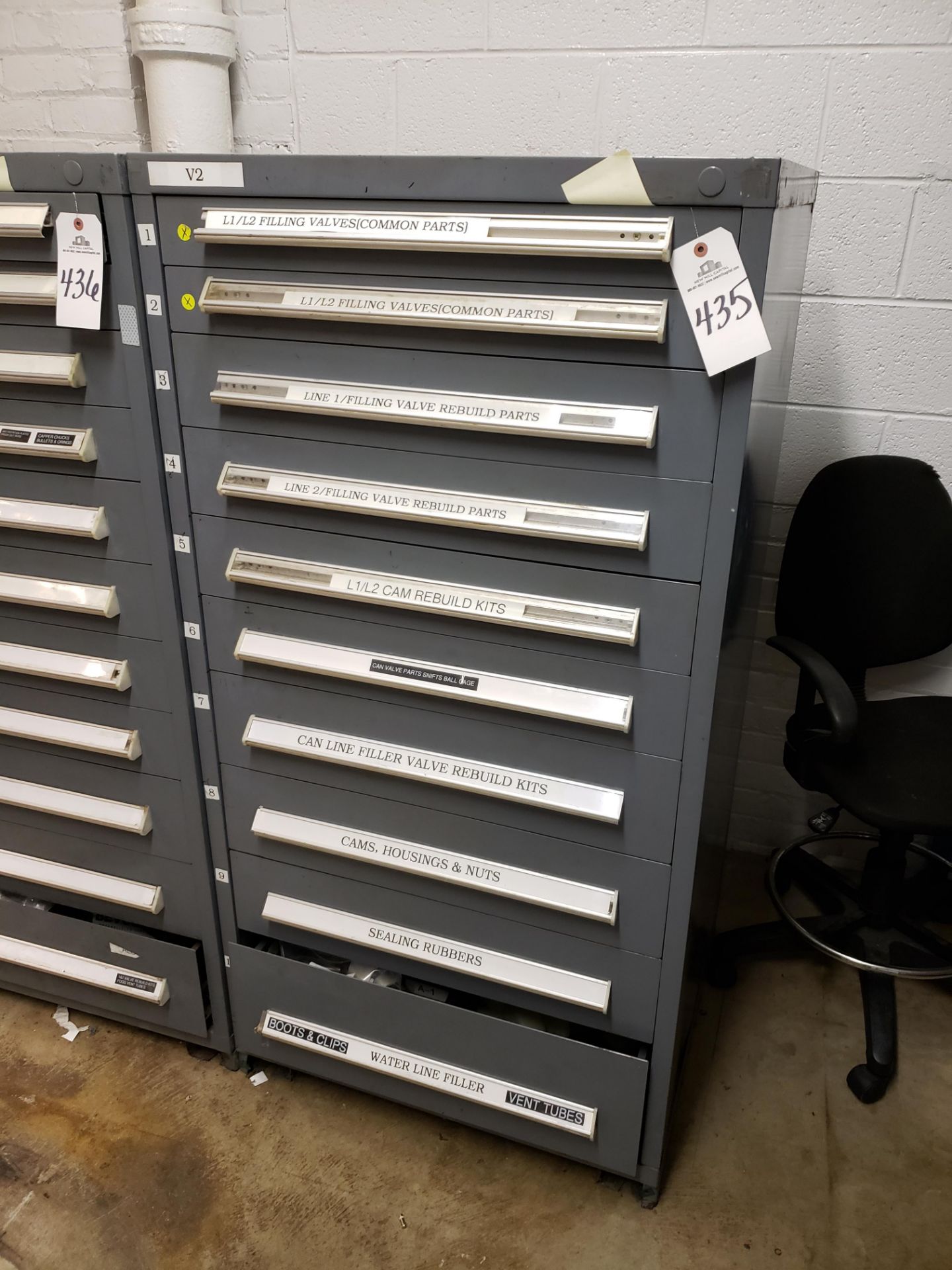 Vidmar 10 Drawer Storage Cabinet, W/ Contents, Bevcorp Filler Nozzle Spare Parts | Rig Fee: $100