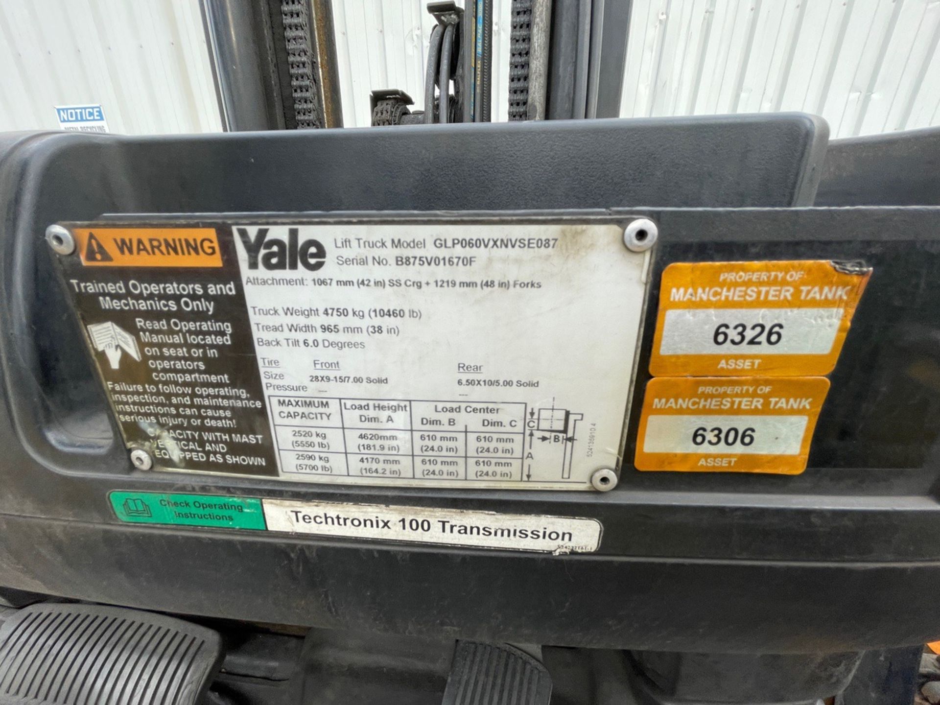 Yale Lift truck, 5,700 LBS. Capacity, Model #GLP060VXNVSE087, Serial #B875V01670F, | Rig Fee $250 - Image 2 of 3