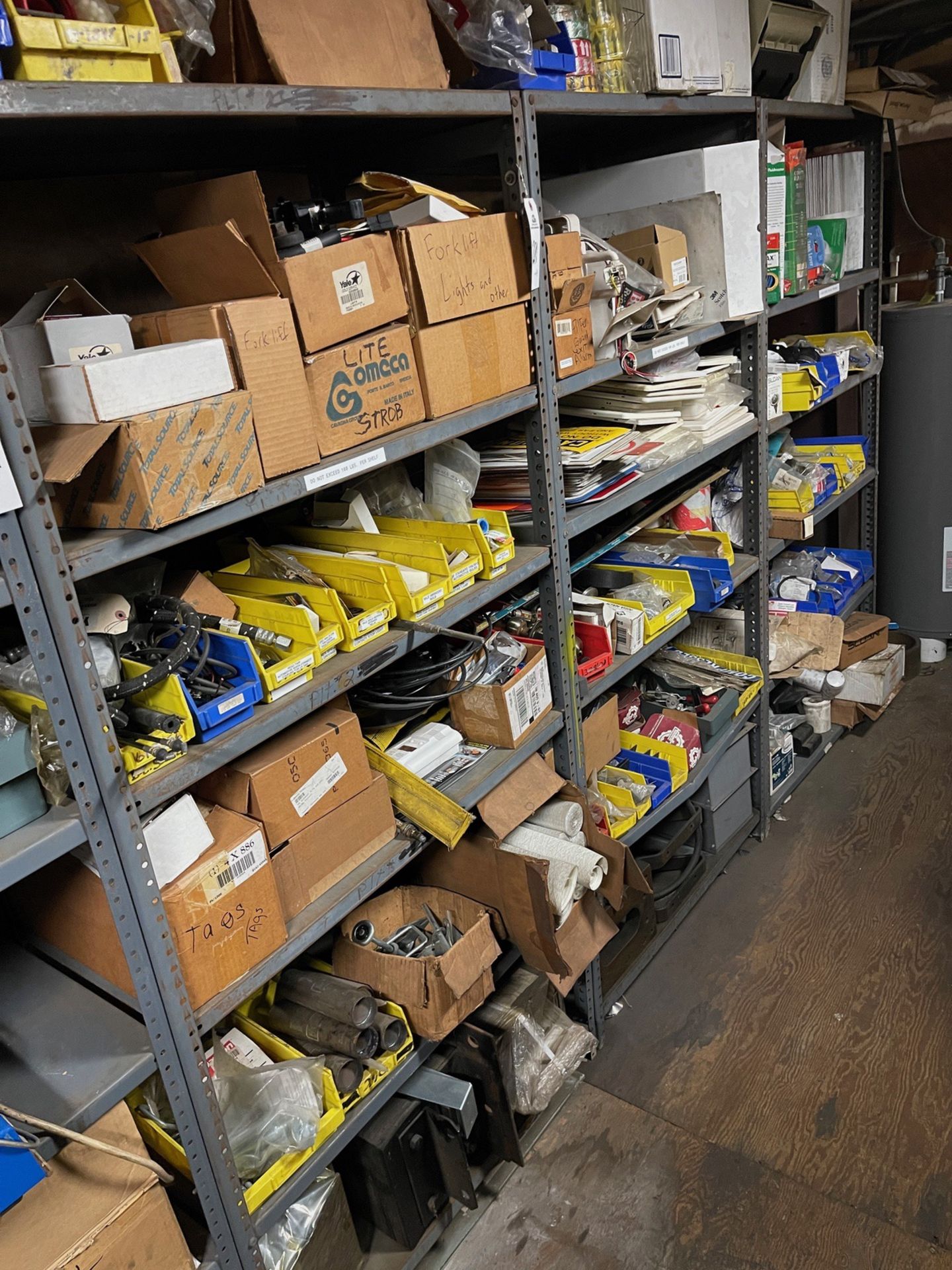 (3) Parts Shelves with Contents, (3) 4' x 18" x 7' Steel Shelves plus Contents in S | Rig Fee $250