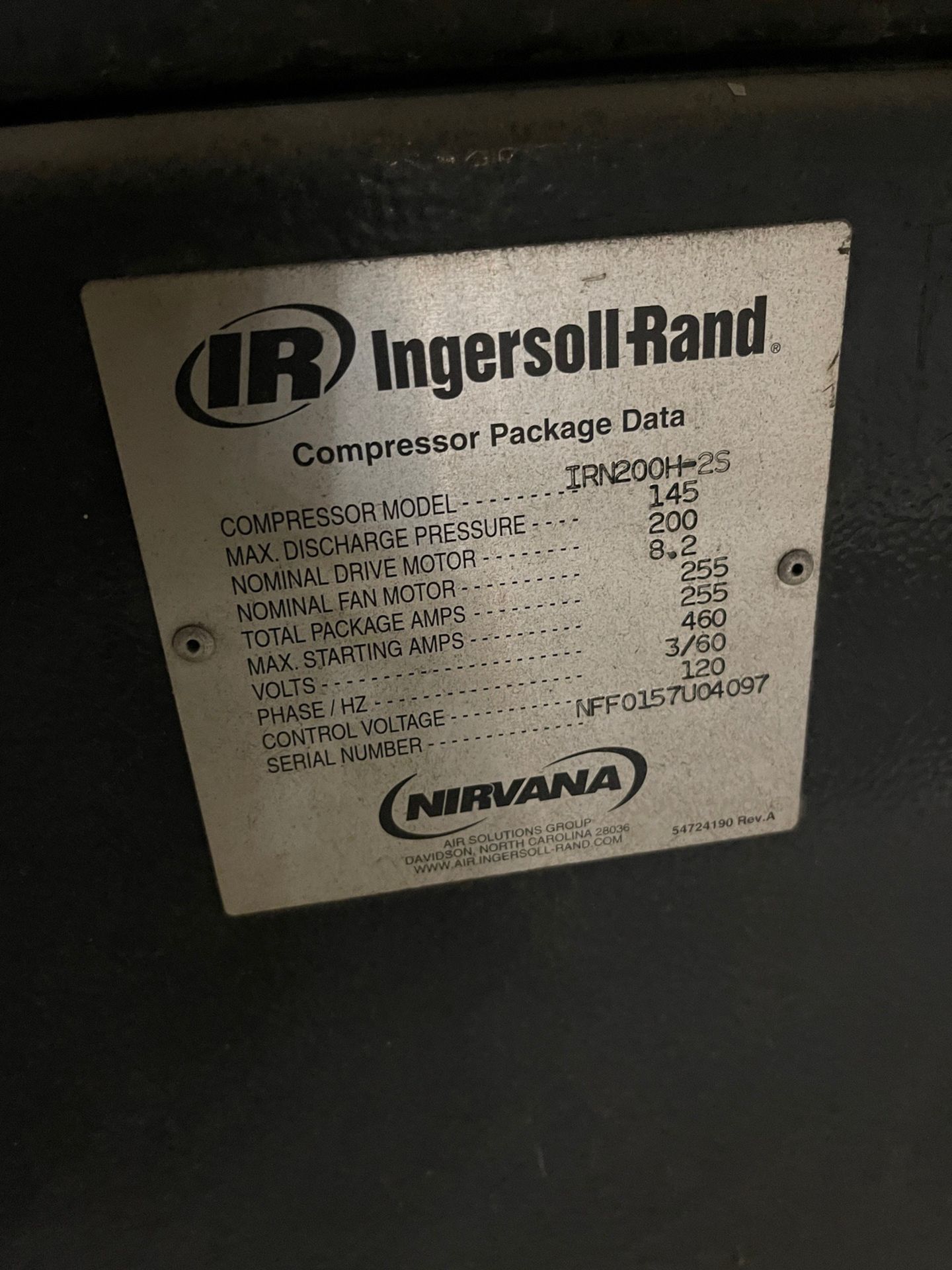 Ingersoll Rand Rotary Air Compressor, Model #Nirvana IRN200H-25, Serial #NFF0157U04 | Rig Fee $250 - Image 3 of 4