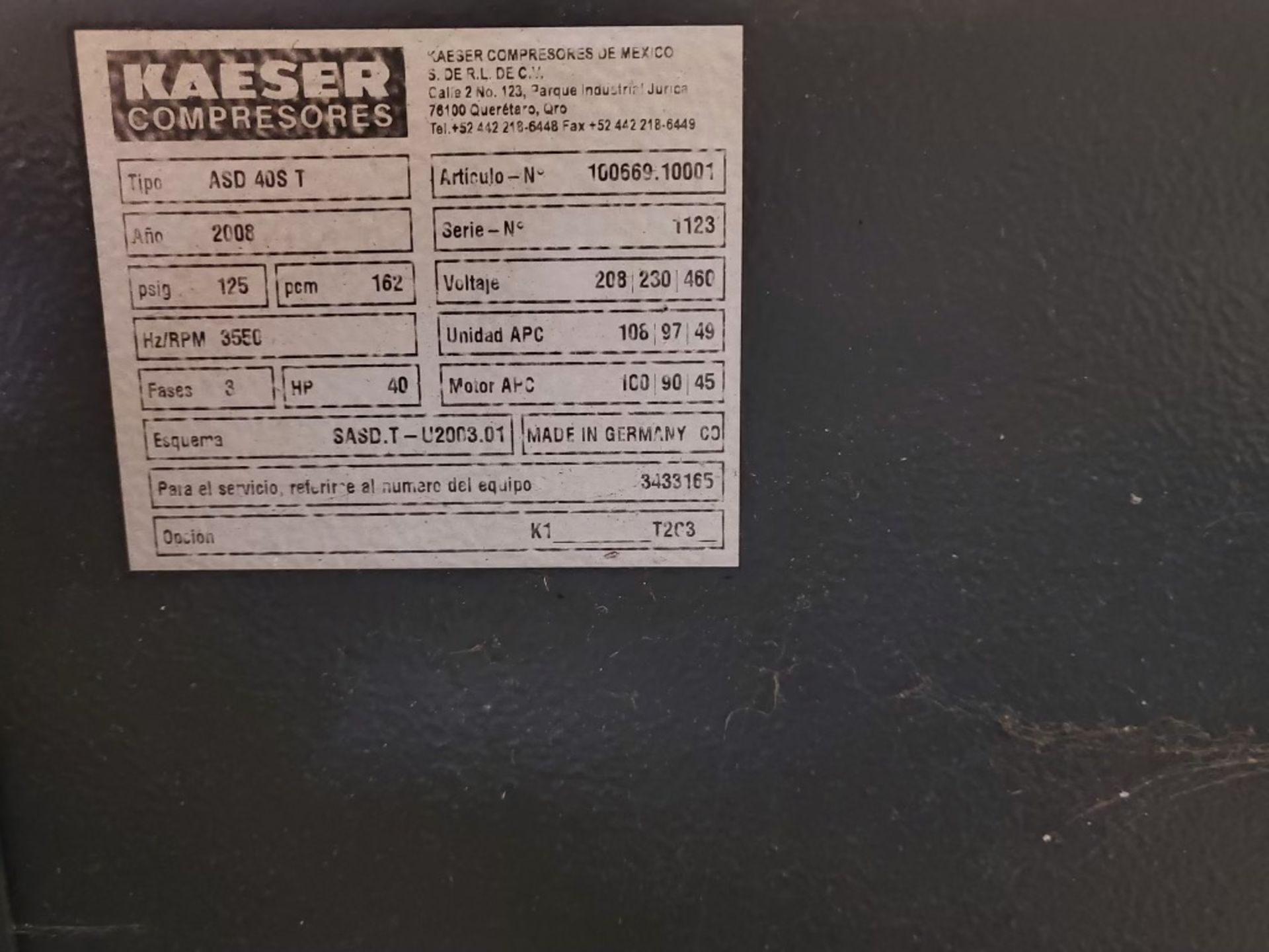 Kaeser ASD 40S T Rotary Screw Air Compressor, 40 HP | Rig Fee: $350 - Image 3 of 3