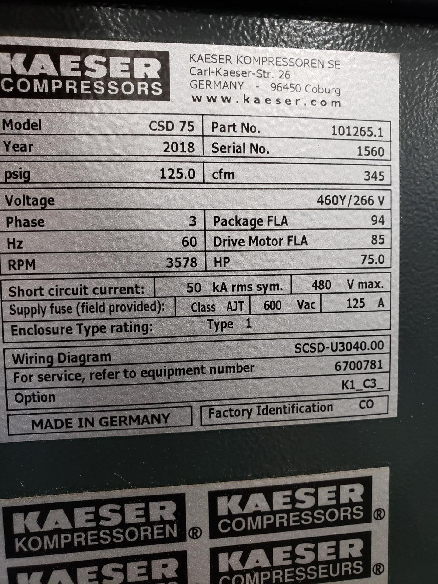 2018 Kaeser Air Compressor, M# CSD 75, (Purchased as Backup and Believed to be Unuse | Rig Fee: $450 - Image 2 of 2