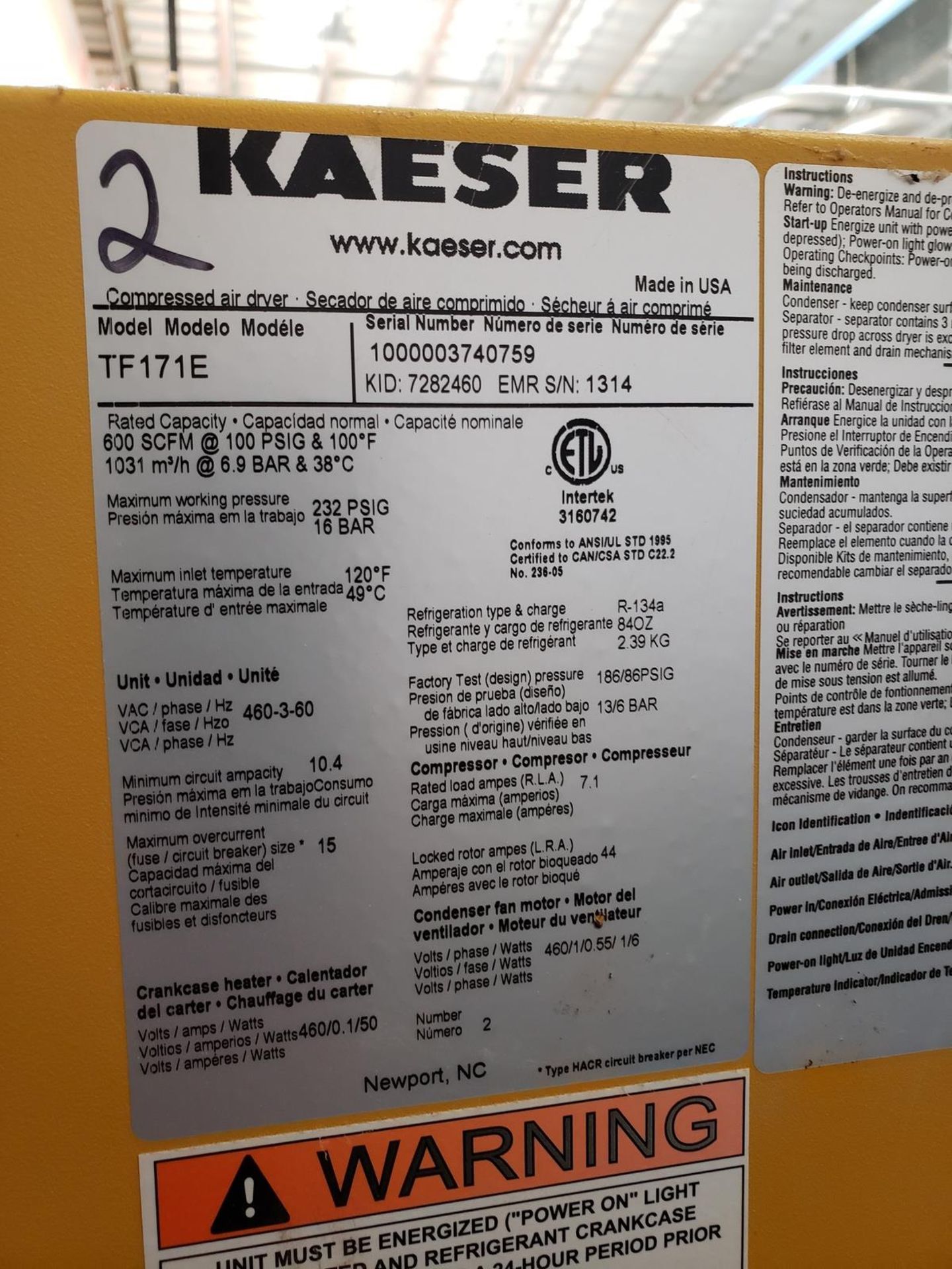 Kaeser Compressed Air Dryer, M# TF171E, S/N 1000003740759 | Rig Fee: $375 - Image 2 of 2