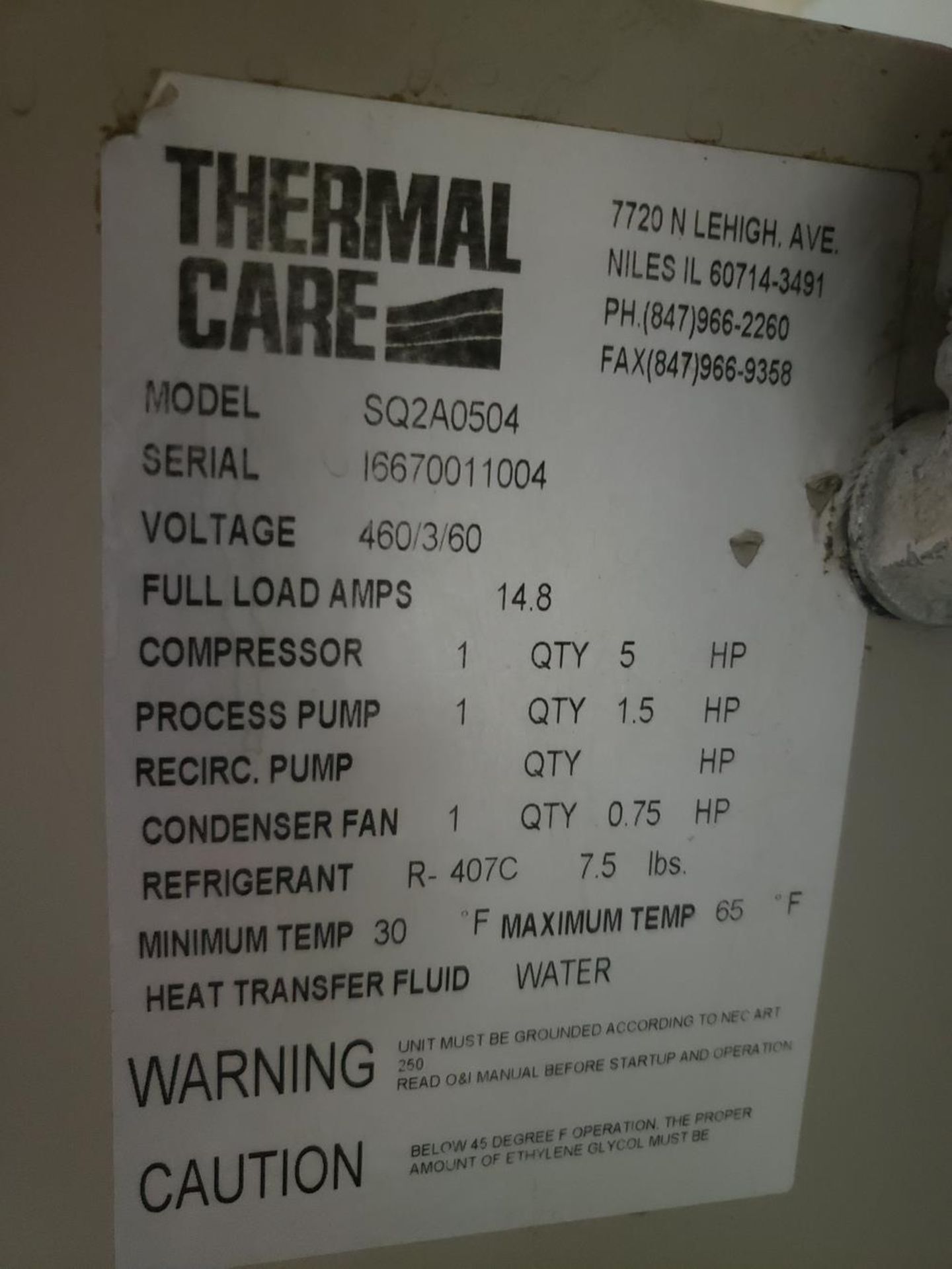 Thermal Care Water Chiller, M# SQ2A0504, S/N 16670011004 | Rig Fee $200 - Image 2 of 2