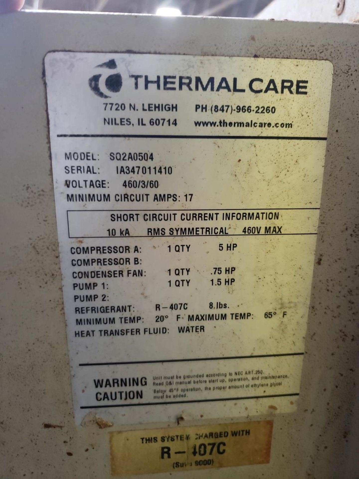 Thermal Care Water Chiller, M# SQ2A0504, S/N IA347011410 | Rig Fee $35 - Image 2 of 2