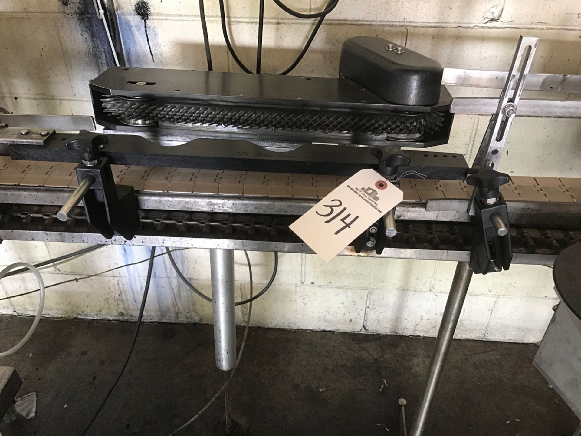 Small Bottle Conveyor, 3.25in Plastic Belt, Approx 20 ft w/ Jug Turner, Accurate Met | Rig Fee $300