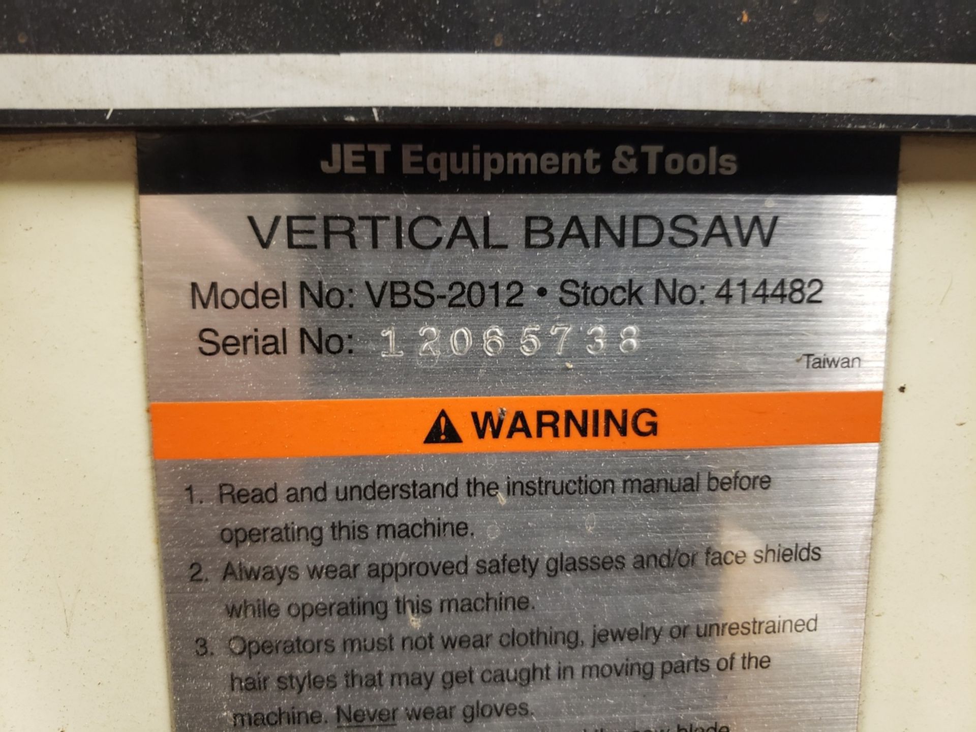 Jet Vertical Bandsaw, M# VBS-2012, S/N 12065738 | Rig Fee $185 - Image 2 of 2